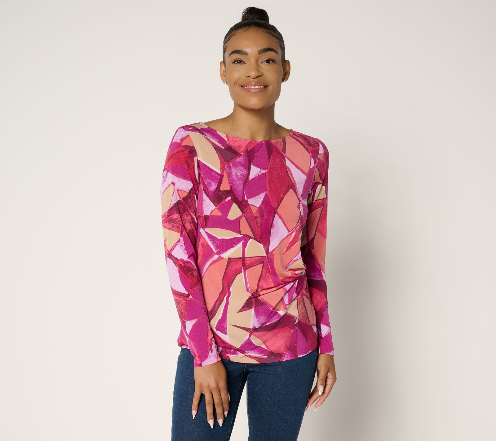 Susan Graver Printed Liquid Knit Top with Twist Detail Berry/Brick L New