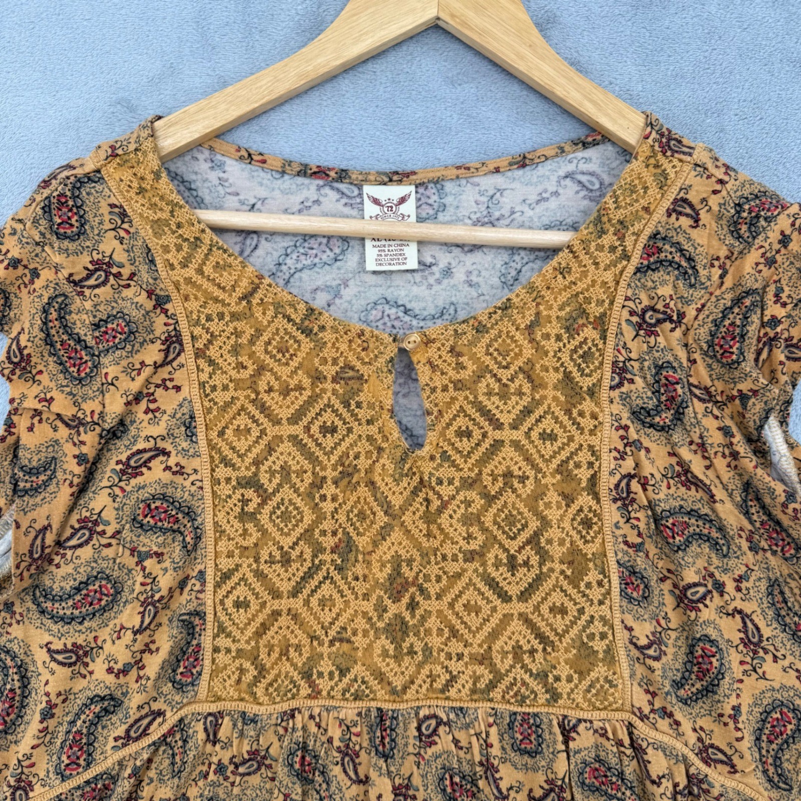 Faded Glory Womens Paisley Boho Lace Bib Babydoll Top Blouse Size XL (16-18)