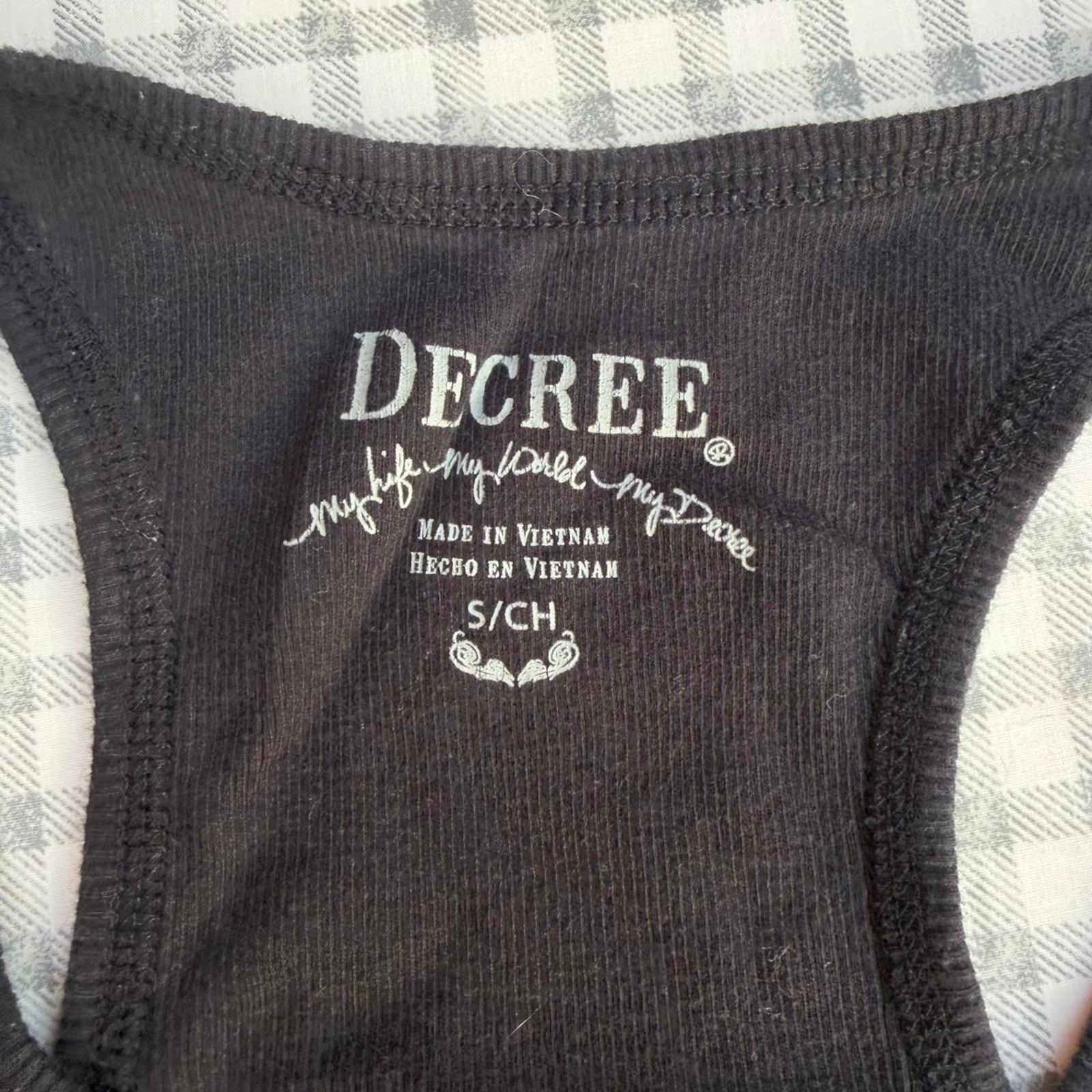Decree Black and Purple fitted tank with gray graphics