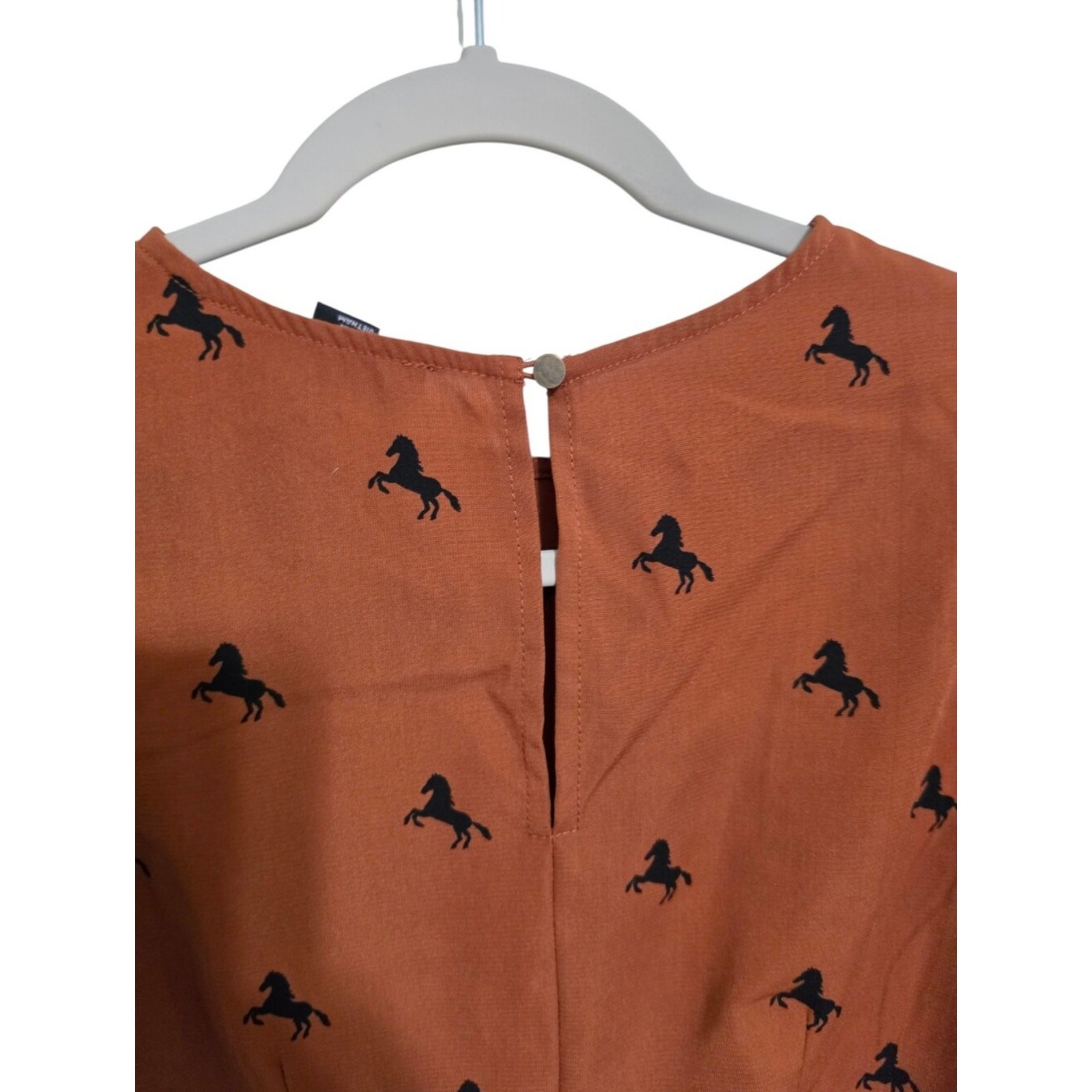 Brown Black Horse Print Long Bishop Sleeve Top S Western Boho Country Cowgirl