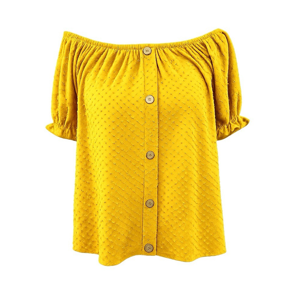 W5 Women’s Yellow Off Shoulder Textured Button-Front Blouse Short Puff Sleeve S