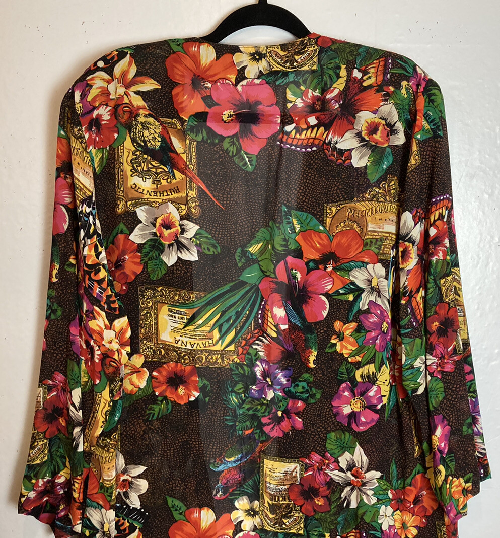 Vintage Carole Little Chiffon Jacket Top Size 6 Dark Floral Grunge 90s Colorful