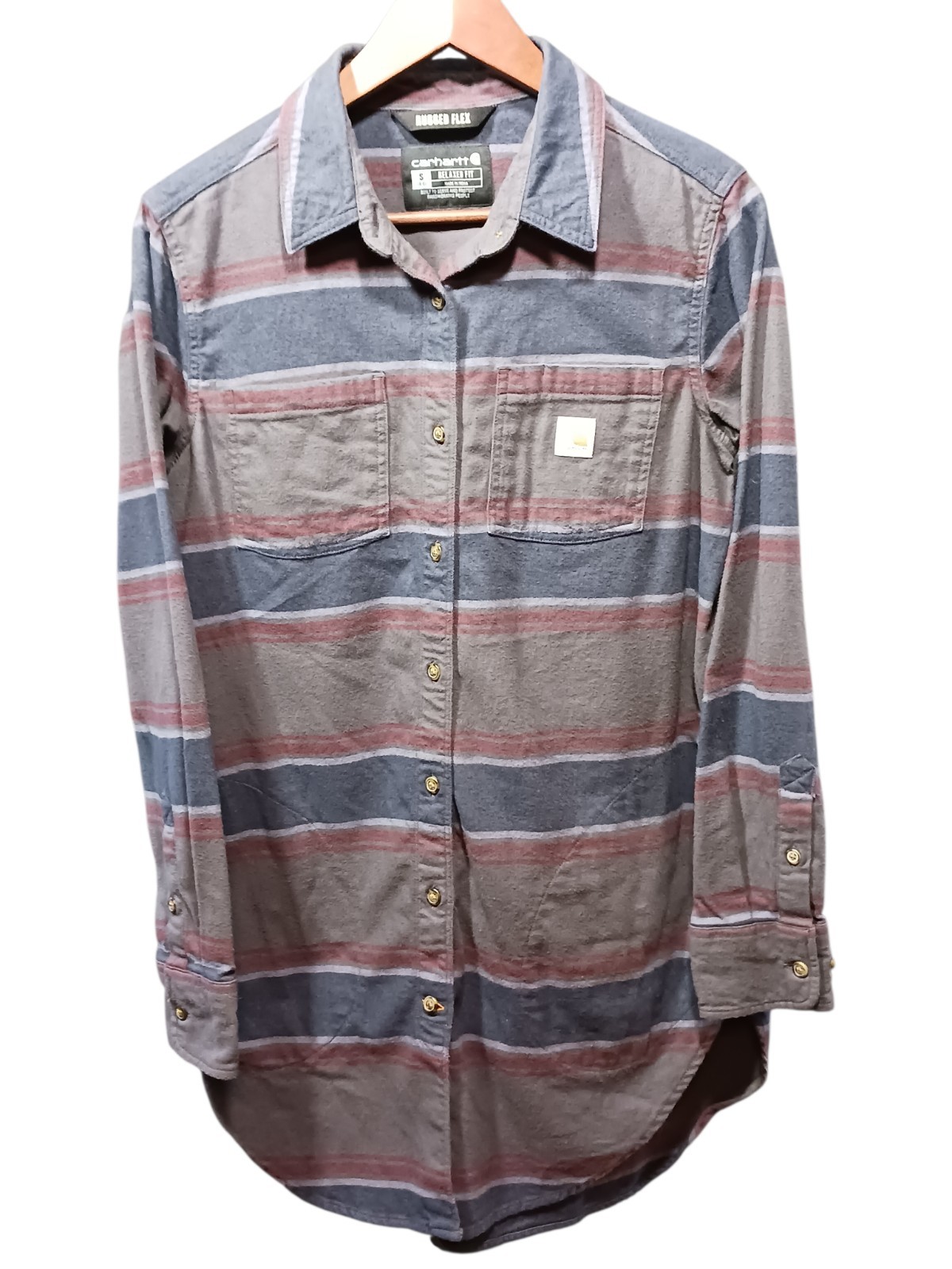 Carhartt Shirt Women’s Size Small Gray Red Stripe Flannel Long-Sleeve Shacket