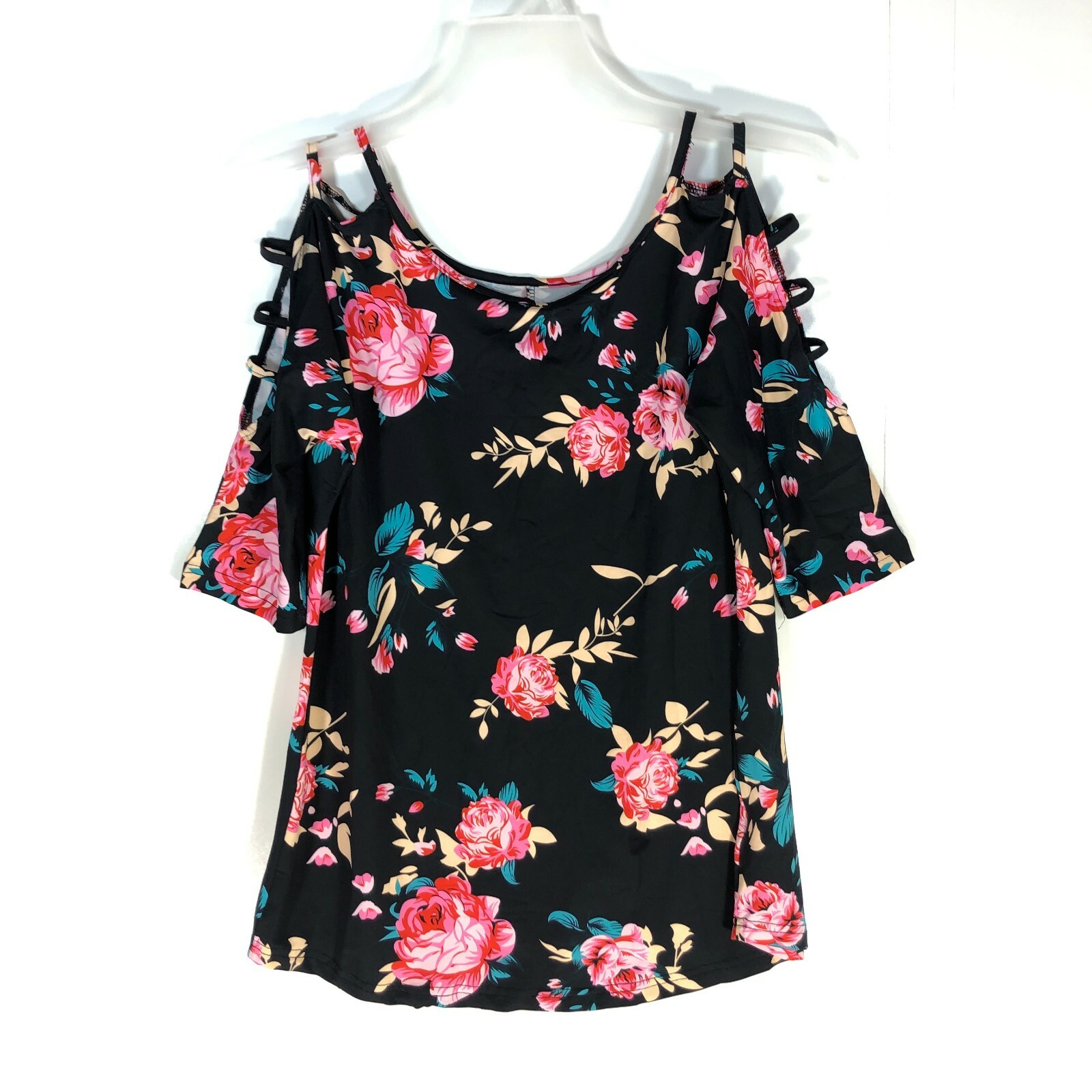 Tickled Teal Top Womens Large Black Navy Floral Shoulder-Cutout Tee Blouse