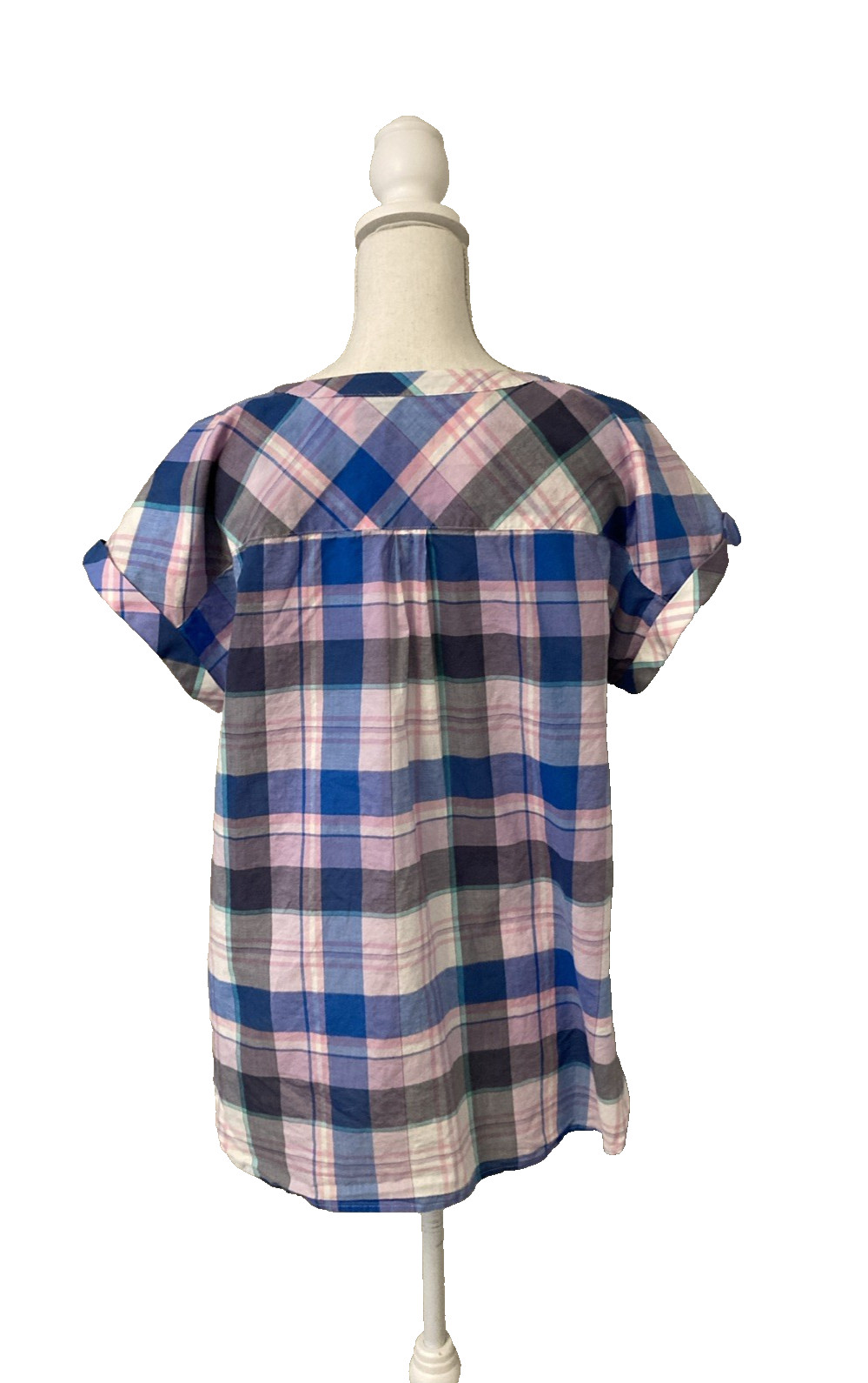 Talbots Blue Pink Black Short Raglan Sleeve 1/4 Button Tunic Top Size L