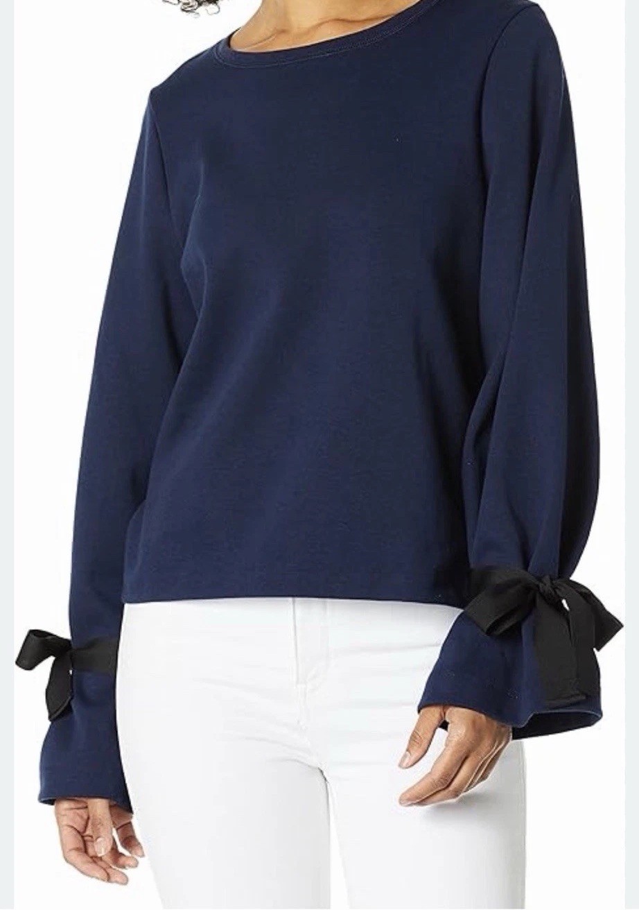 J.Crew Tie Sleeve Sweatshirt Size L Navy Blue Relaxed Fit Easy Care Long Sleeve