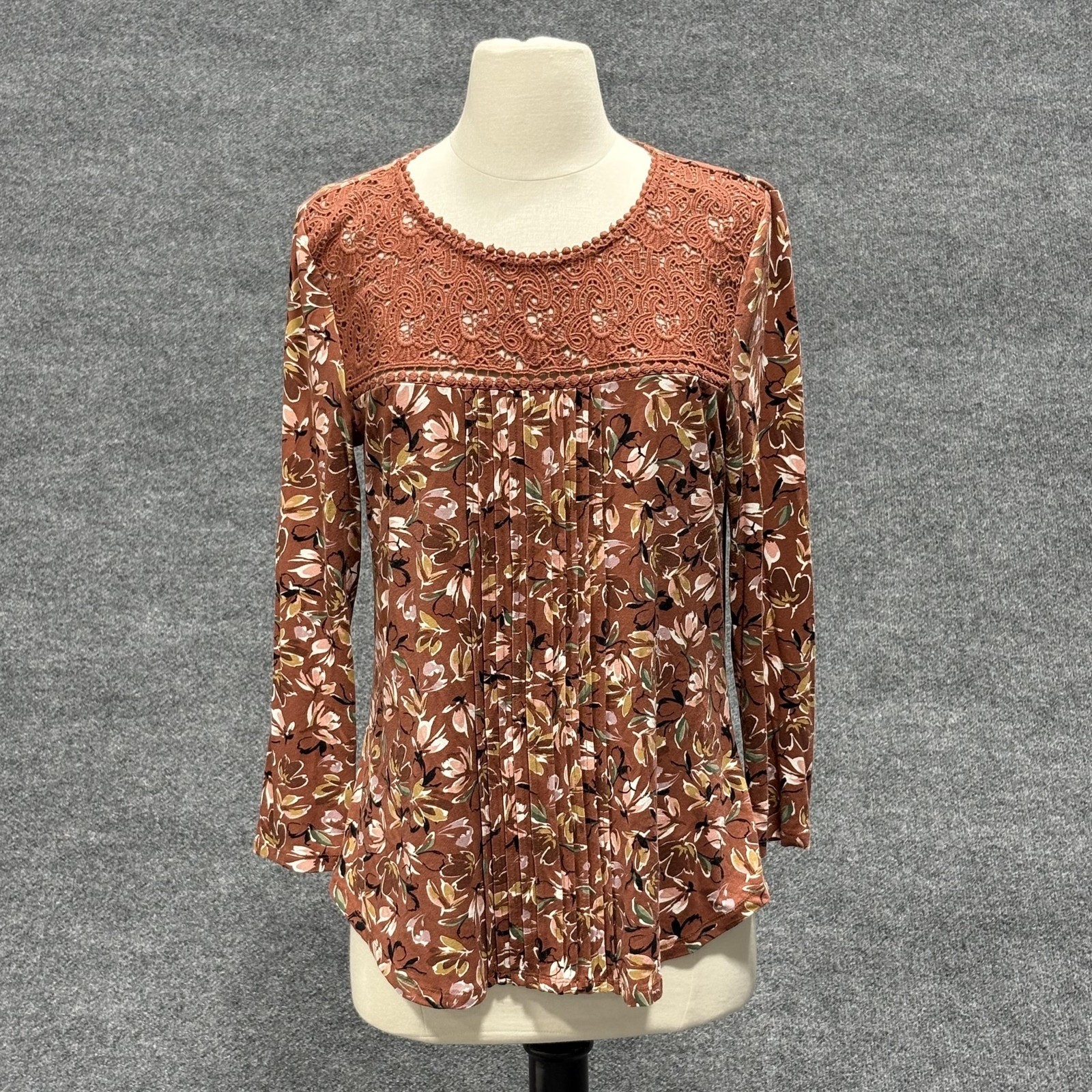 Daniel Rainn Blouse Womens Medium Brown Floral Lace Yoke Long Sleeve Boho Top