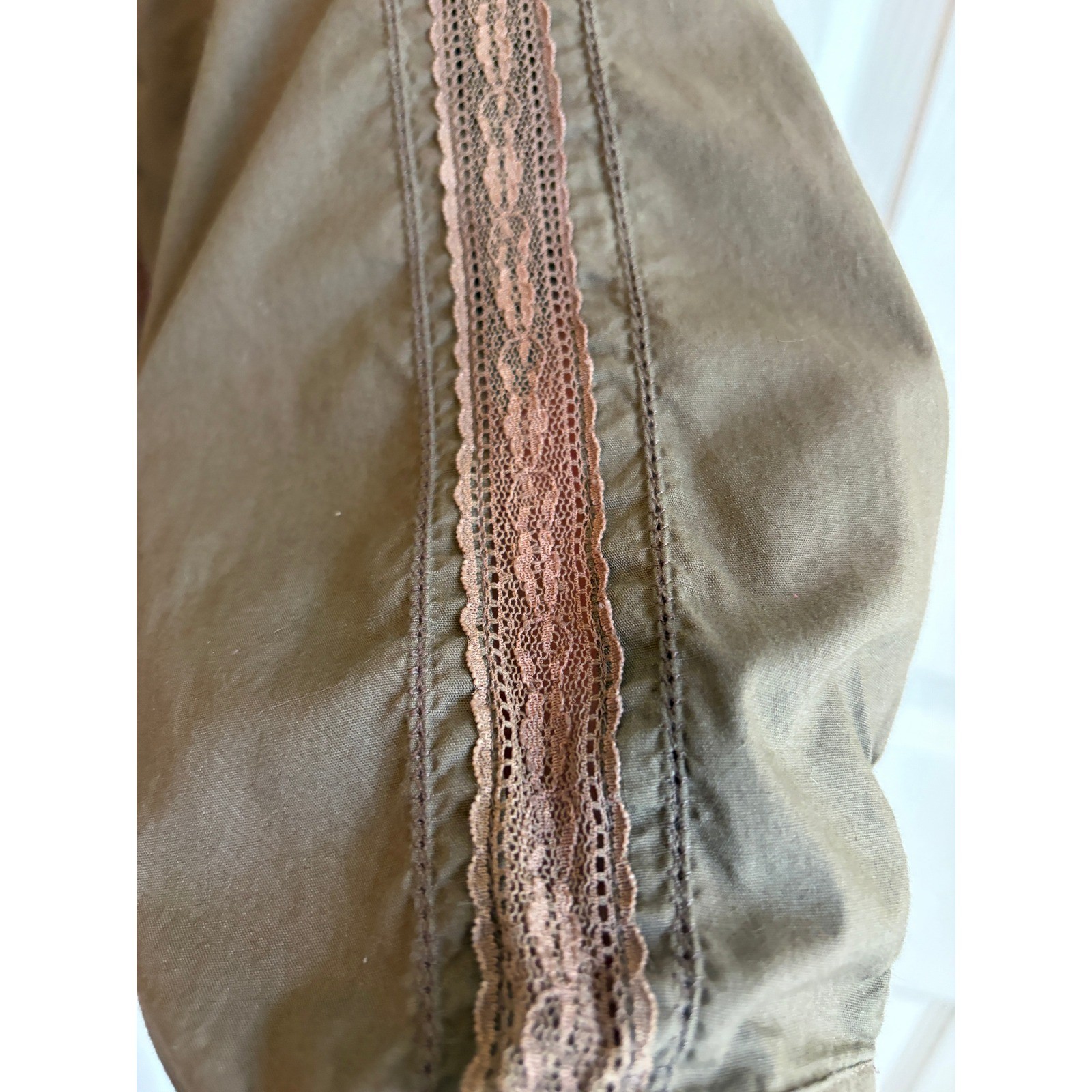 Christopher & Banks Womens Mocha Lace Trim Cotton Blouse Drawstring Waist M