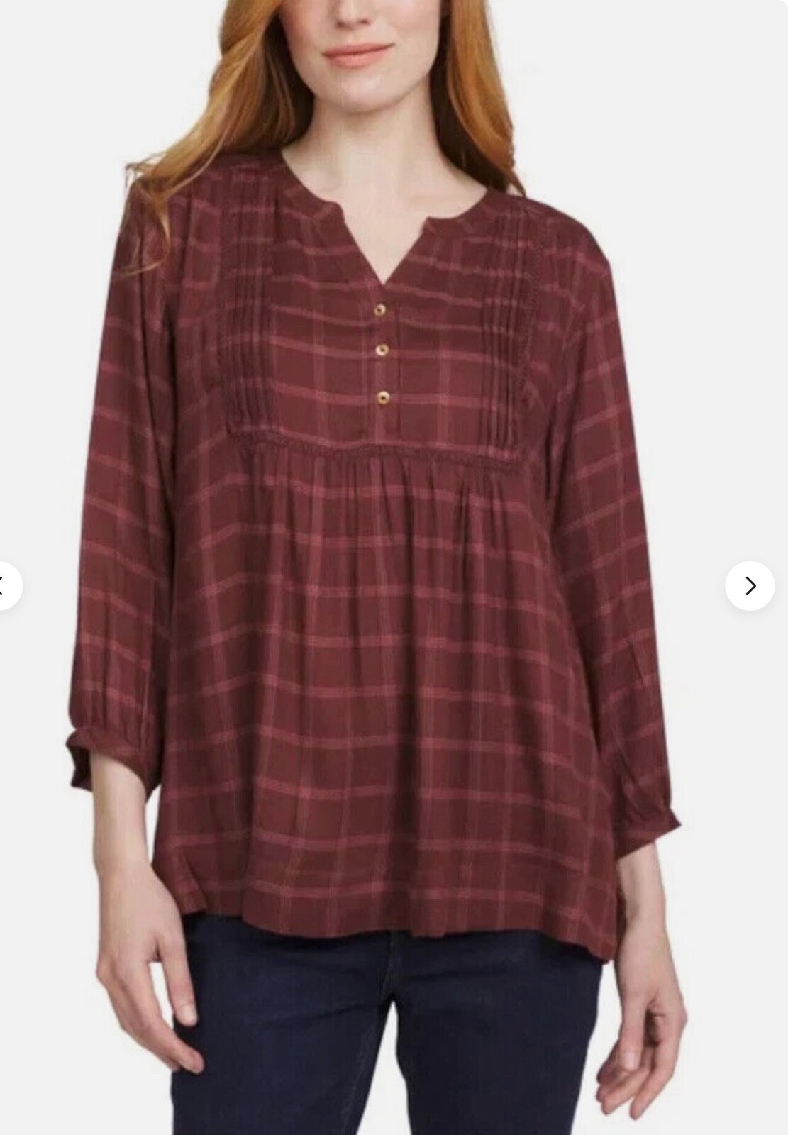 New Wrangler Women’s Plaid Bracelet 3/4 Sleeve Blouse, White/Brown/Black, M/L/XL