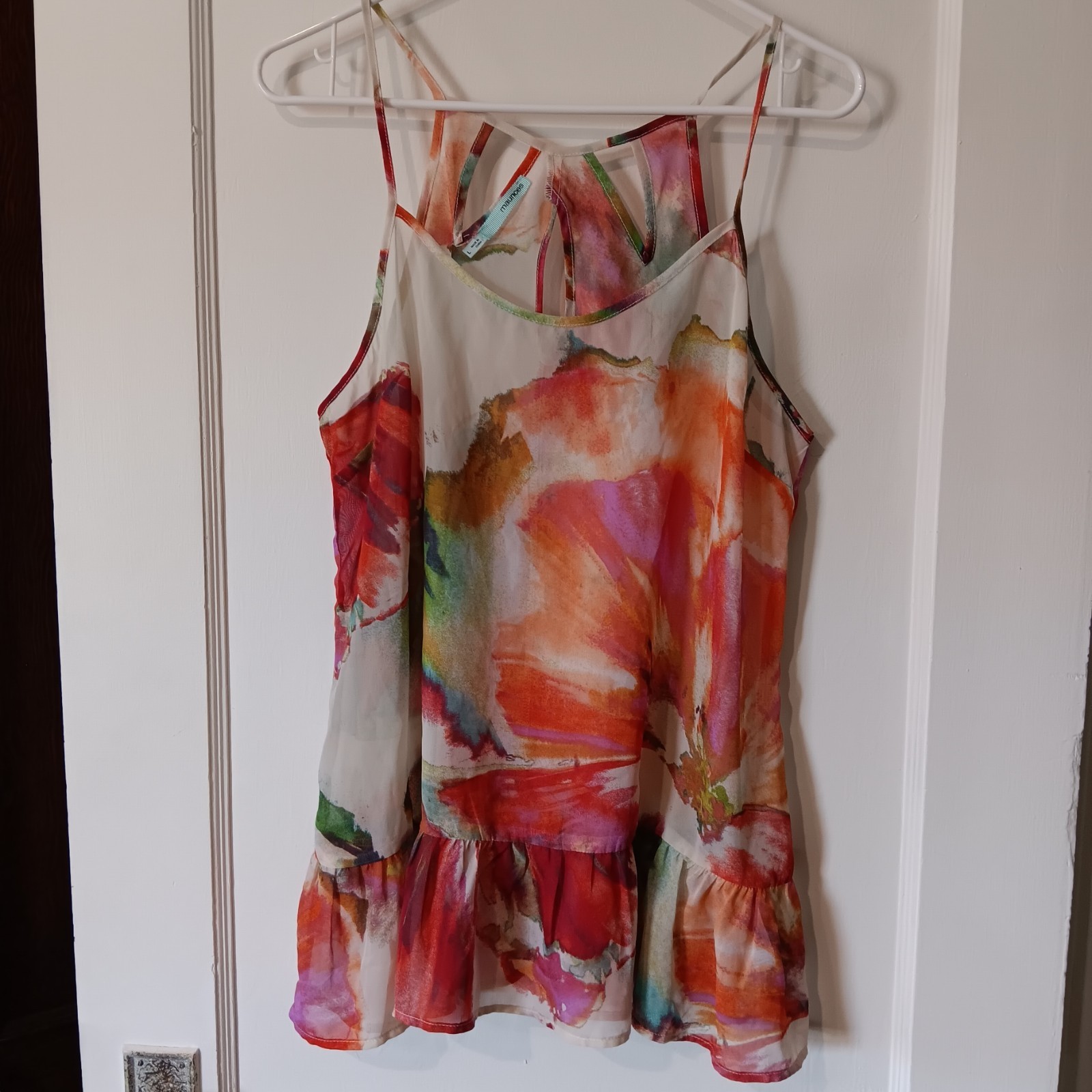 Maurices Cami Watercolor Floral Chiffon Sheer Ruffle Tank Top L Fairy Whimsigoth