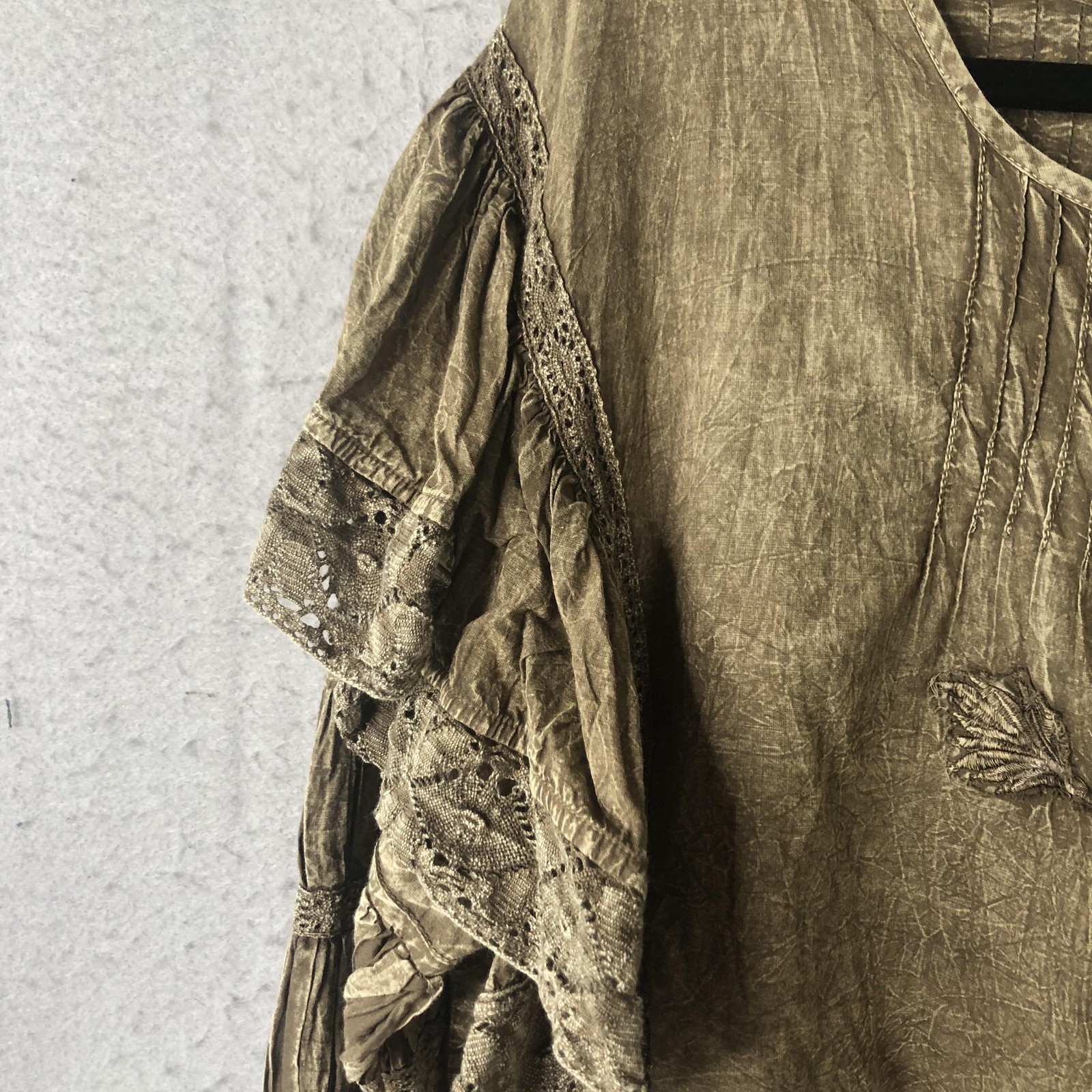 Paper Lace Blouse Womens 1XL Brown Embroidered Boho Festival Grunge Lagenlook