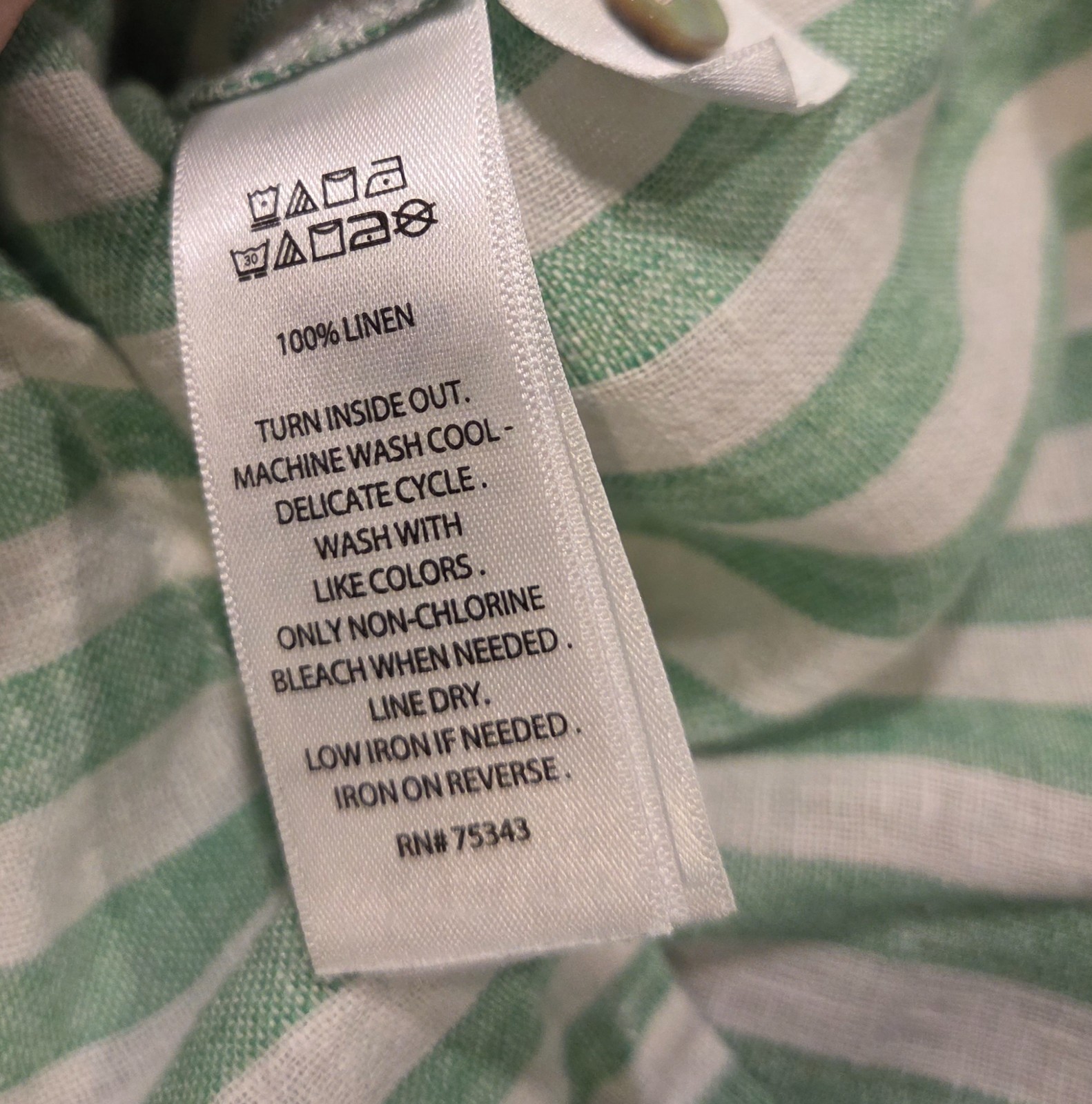 Nicole Miller Size XL 100% Linen Striped Button Down Shirt Green White Pocket