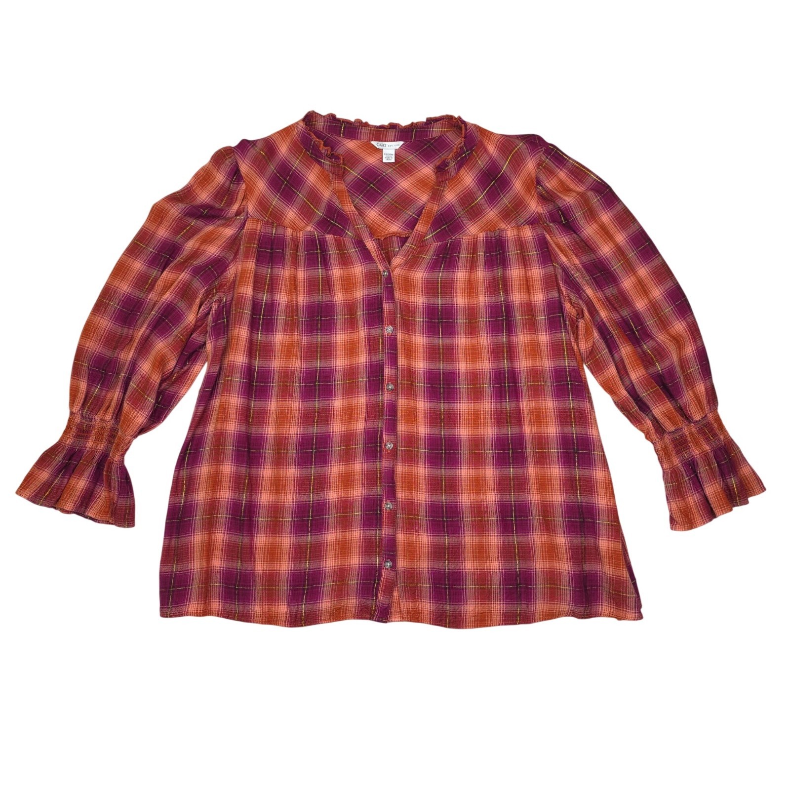 Cato Womens Plaid Button-Down Top With Ruffle Trim 18/20W Rayon Blend Blouse