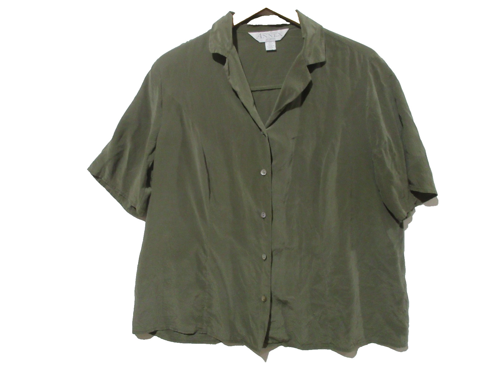 Sz 14W ANNEX Vtg Y2K 100% Silk Button Down Short Sleeve Shirt Military Green
