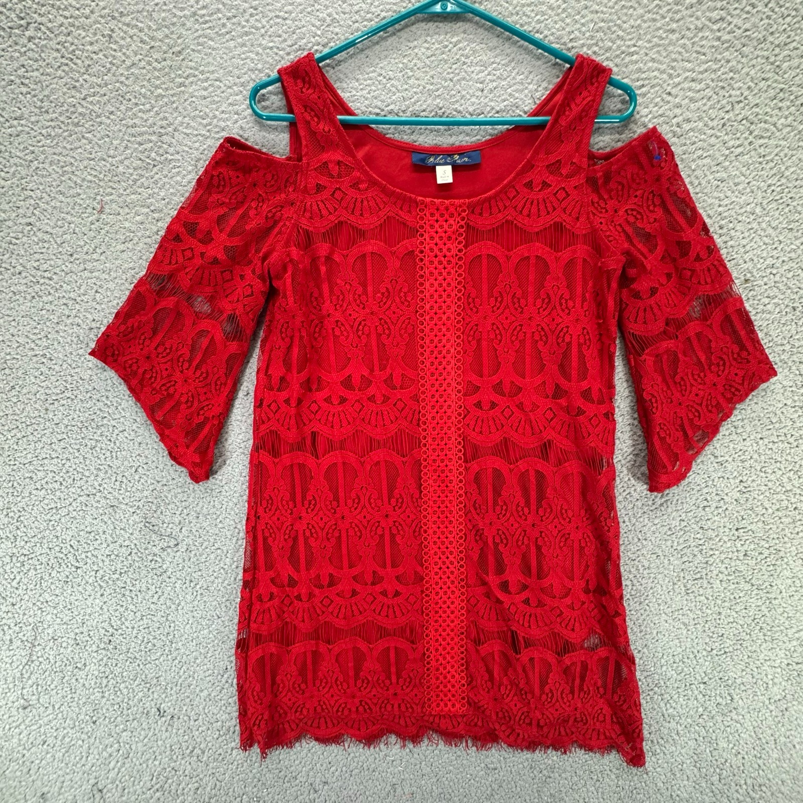 Blue Rain Tunic Blouse Womens Small Red Lace Crochet Overlay Romantic Boho Chic