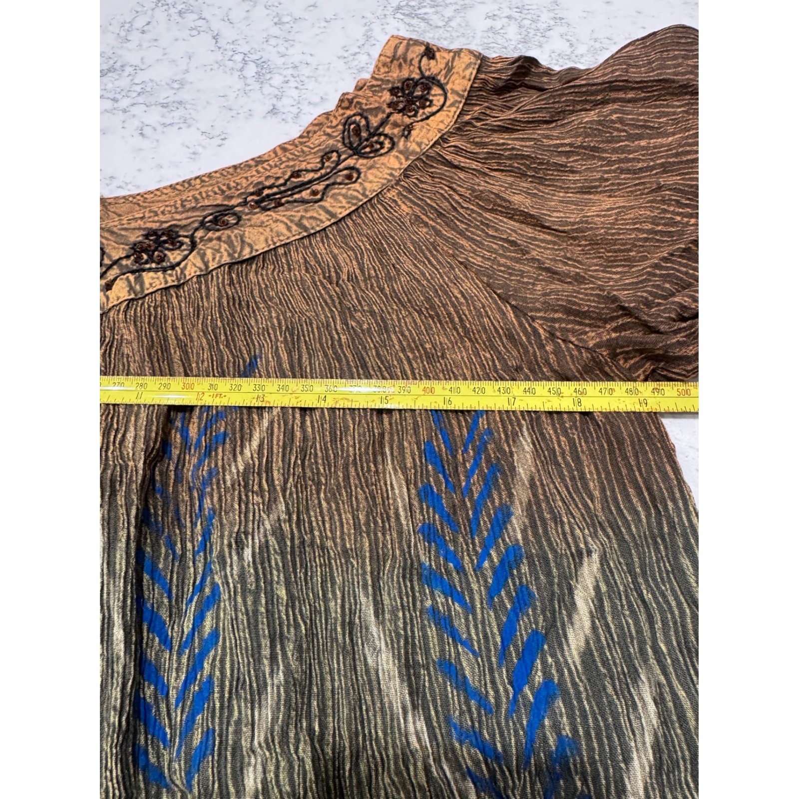Greater Good Women Boho Crinkle Rayon Tunic Top Earth Tone Embroidered Beaded OS