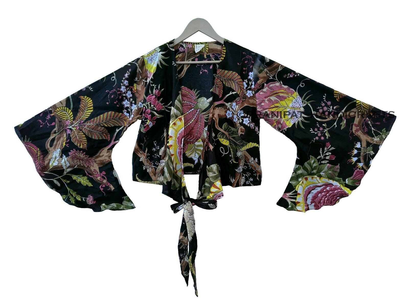 Women Floral Print Cotton 70′ Retro Boho Bell Sleeve Black Beach Hippie Crop Top