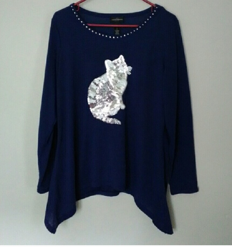 Black or Blue SILVER Sequin Kitty CAT T-Shirt Top Shirt Womens 1X or 2X NWT