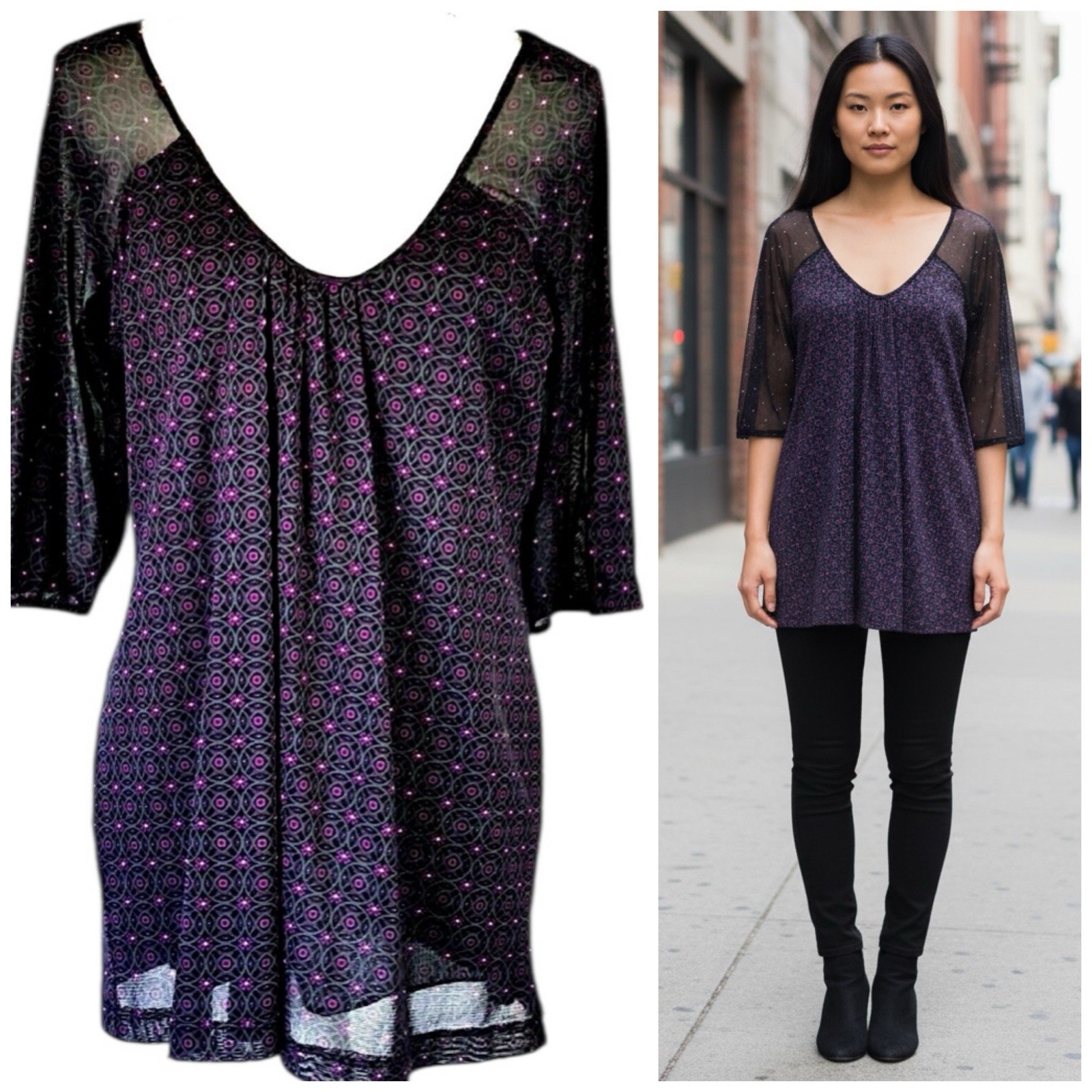 Simply French Top Womens XL Blouse Gray Purple Geometric Office Casual Work