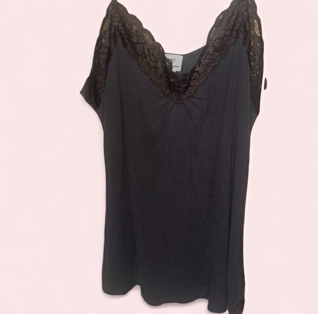 Worthington Women’s Black Stretch Knit Lace Trim V-Neck Short Sleeve Top L