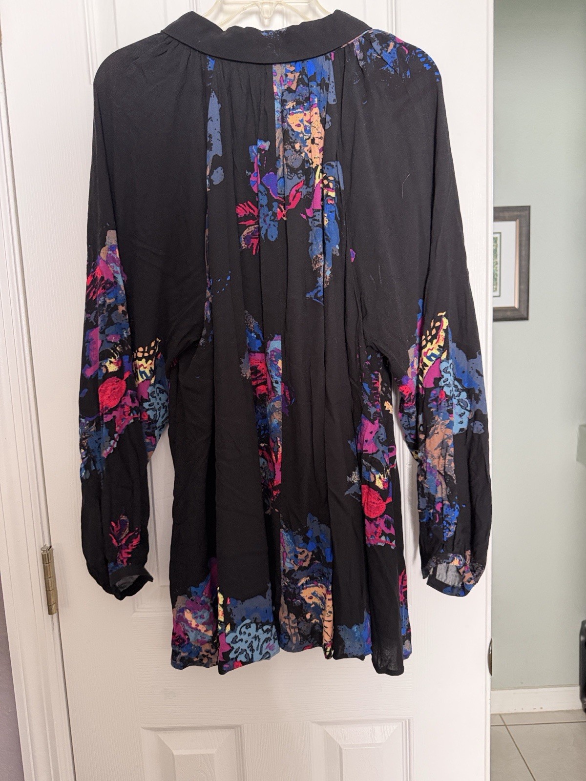 FREE PEOPLE Meadow Lark Black Floral Print Button Up Tunic Blouse Hippie Boho