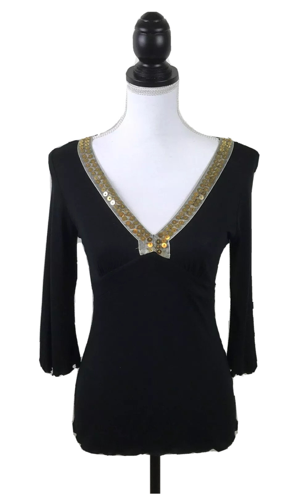 AMERICAN RAG cie Top Black Baby Doll Top w/Lace & Sequins 3/4-Sleeves SZ Medium