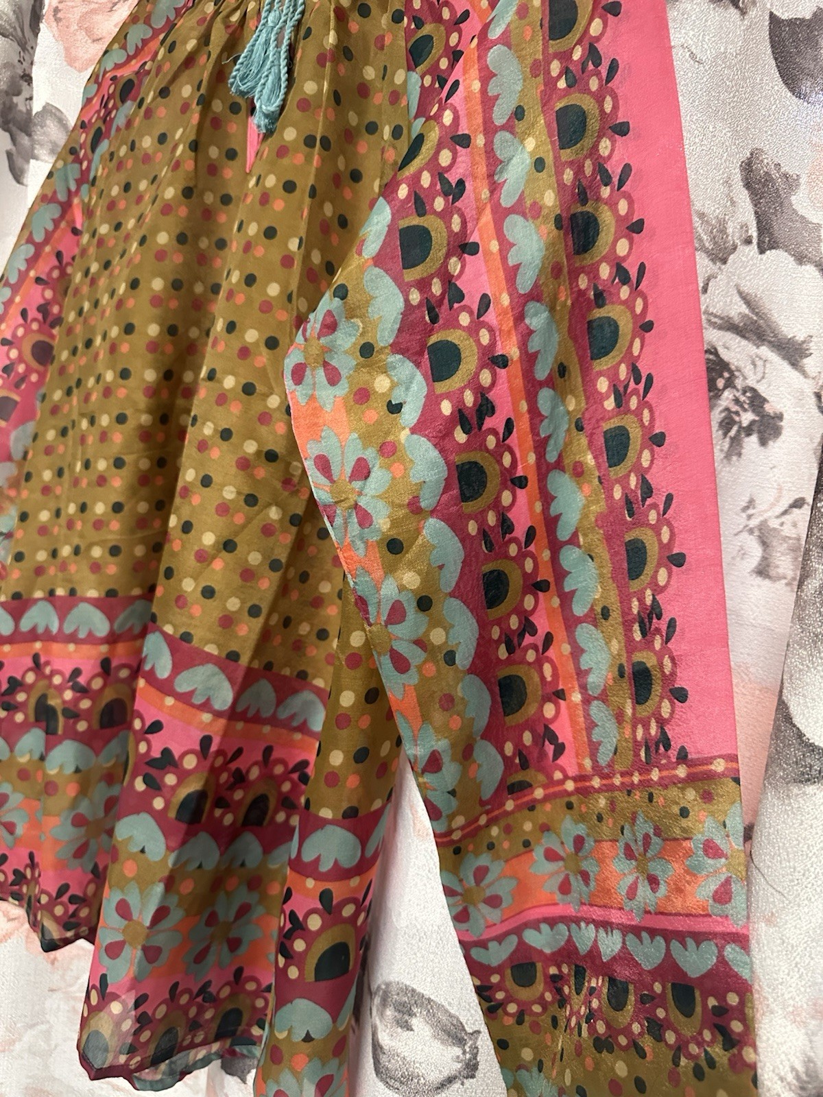 Natural Life Patchwork Tassel Boho Blouse Small Mixed Print Festival Cottagecore