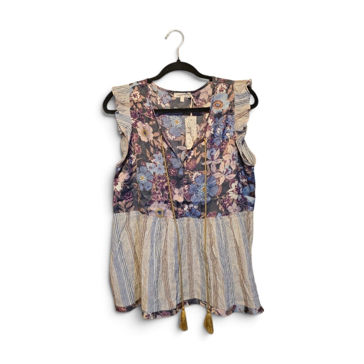 Mystree Womens Floral Stripe Mixed Media Peplum Top Tassel V-Neck Sleeveless M