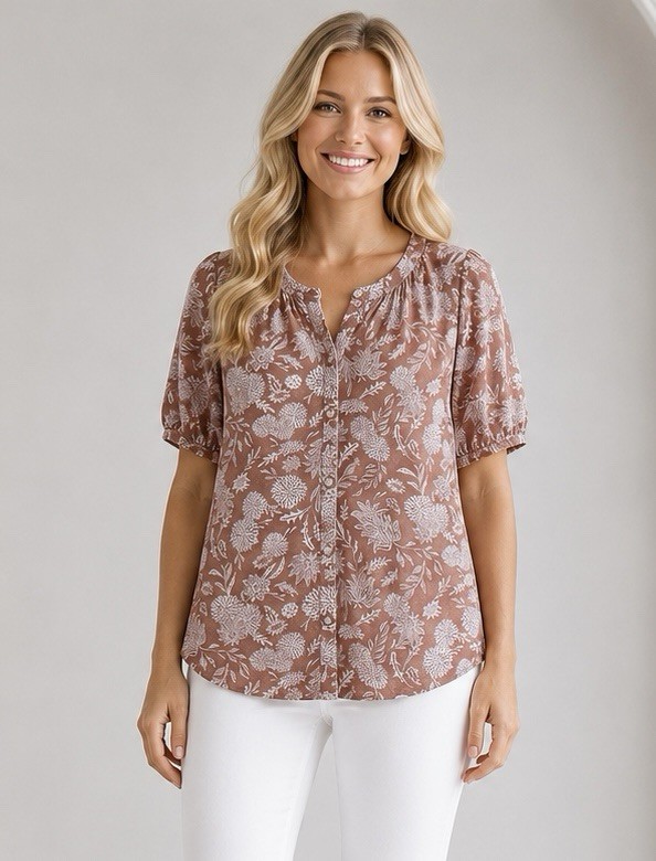 Womens Floral Short Sleeve Button Front Top Size Small Feminine Summer Boho Chic