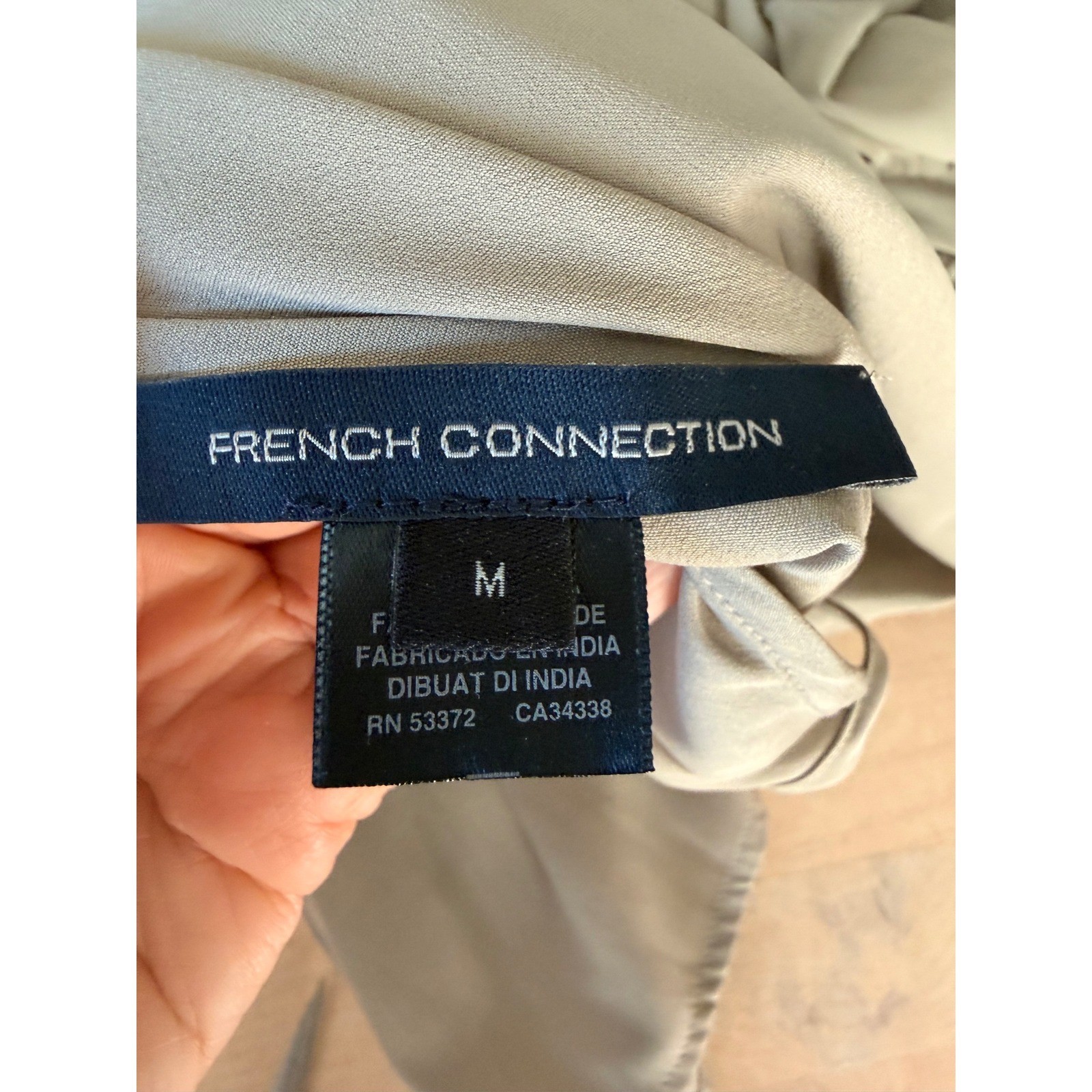 French Connection Elegant Gray Sheer Peplum Blouse Smocked Sleeve V Neck