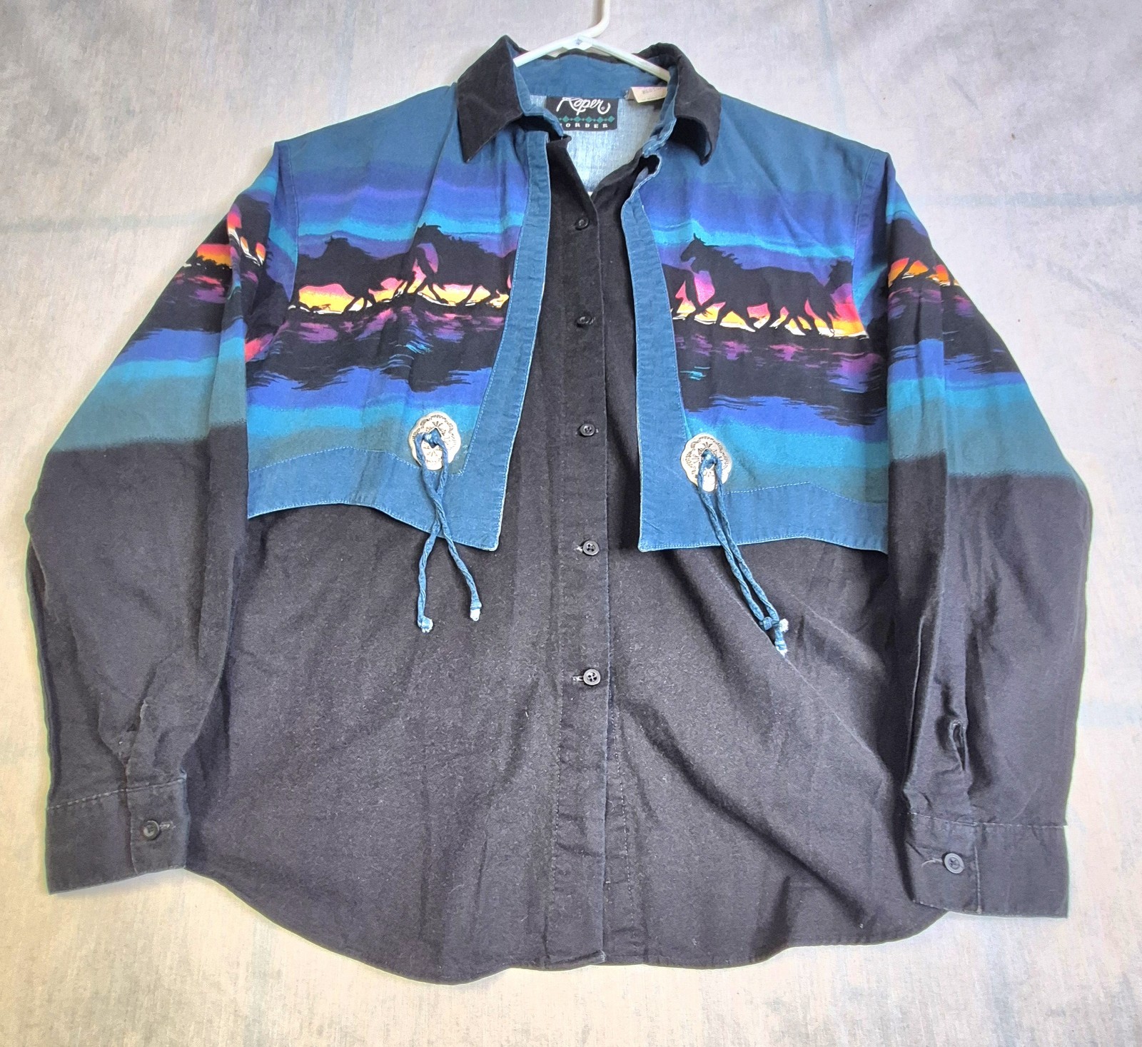 Vnt Roper Border Western Shirt Women Blue Sunset Horse, Button Up Sz M Made USA