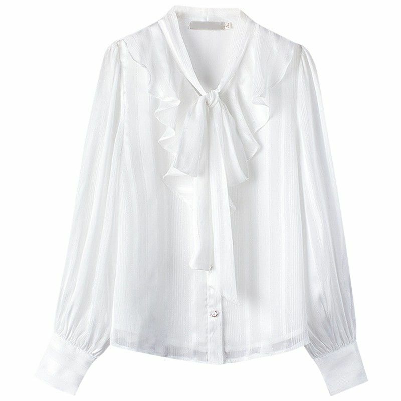 Women Shirt Chiffon Bow Tie Neck Ruffle Sweet Blouse Lantern Sleeve Working