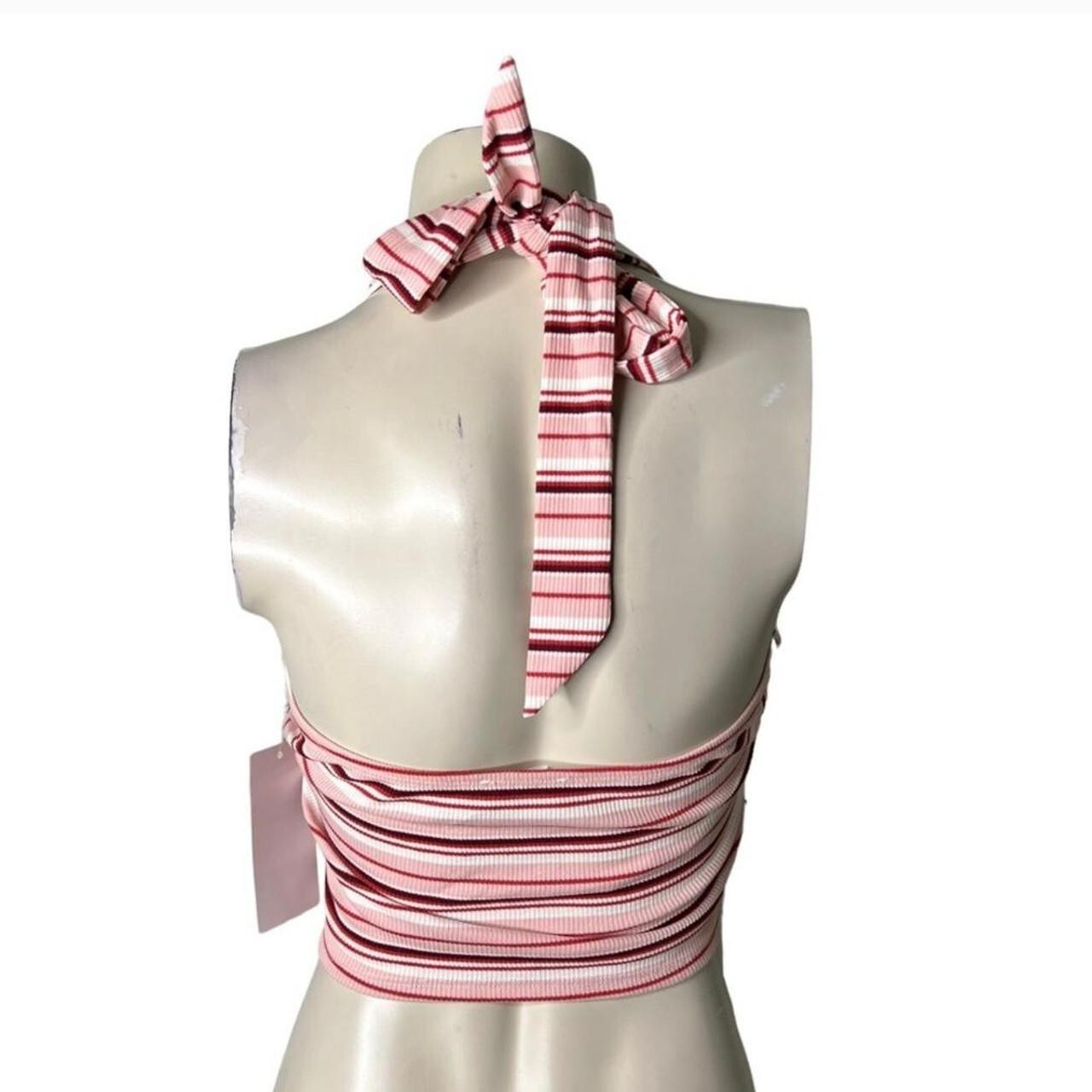 🆕Pink/Red Multicolor Stripe Design Stretchy Ribbed Halter Open Back Top~Size S