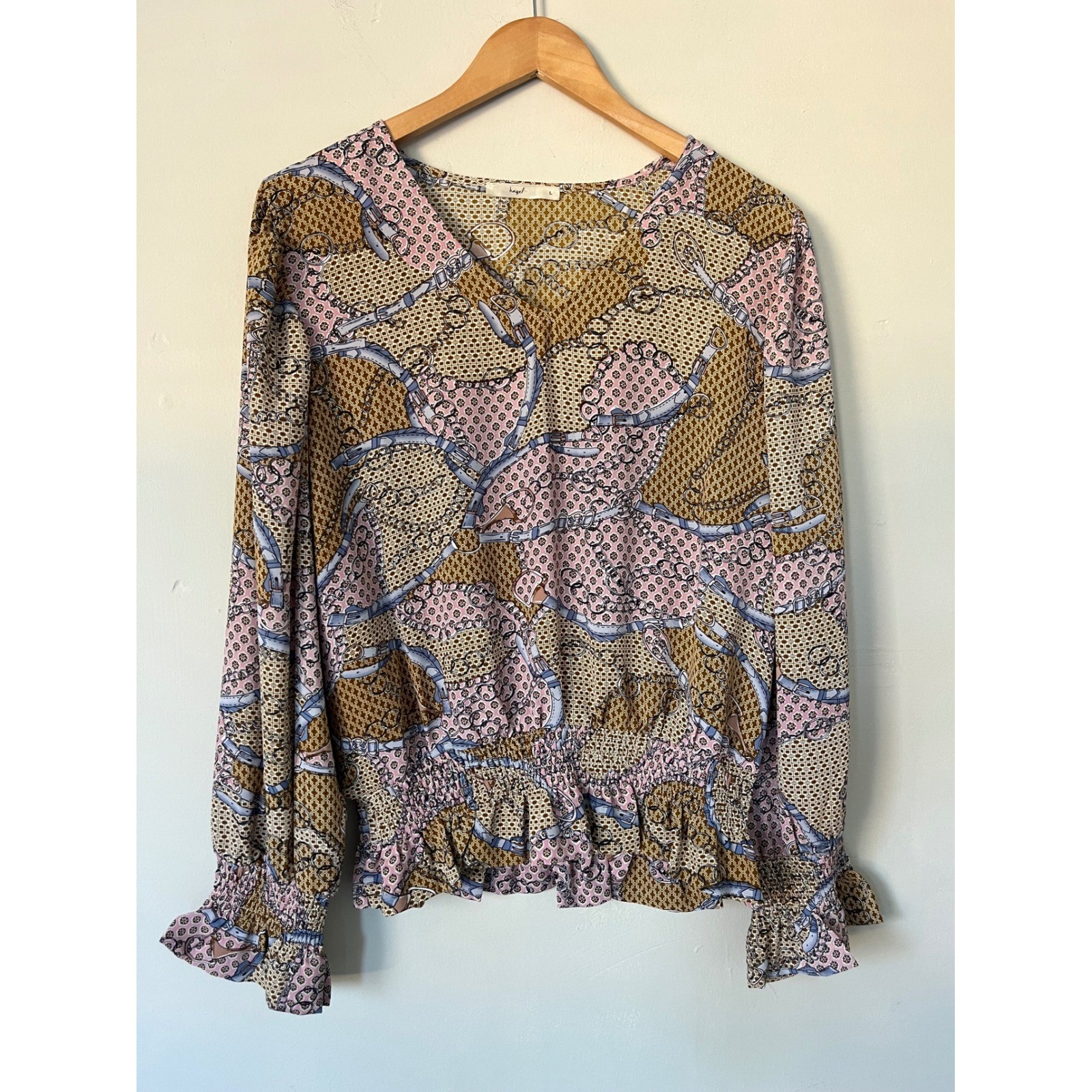 Hazel Chain Belt Print Smocked Waist Peplum Blouse Mustard Pink Large chic boho