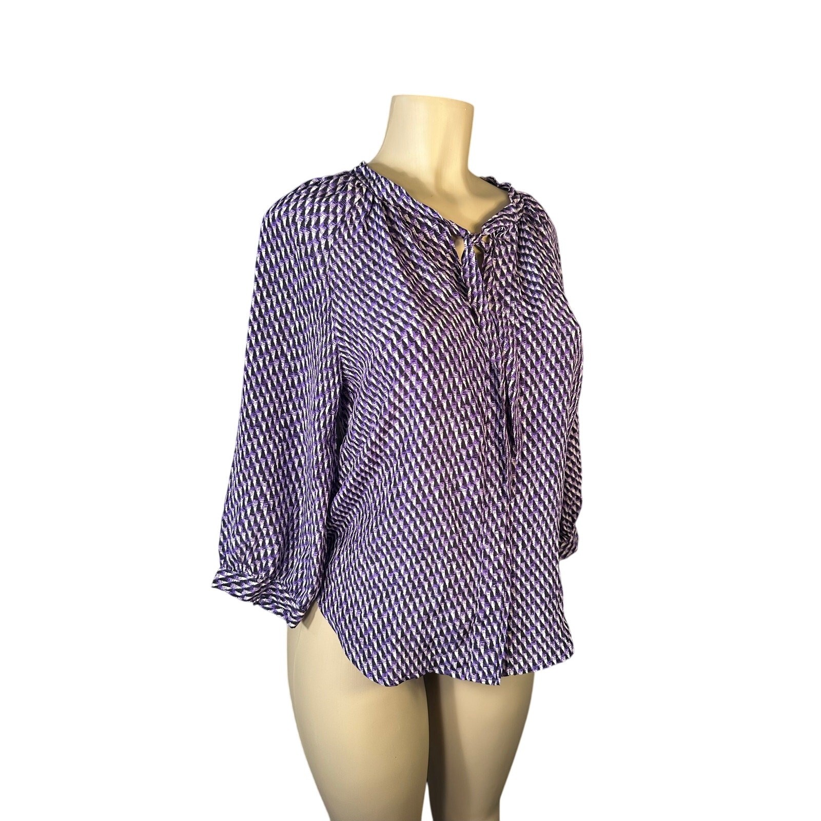 Women XS Joie Sofina Blouse Purple Black Printed Tie Neck Shirt Top Work Career