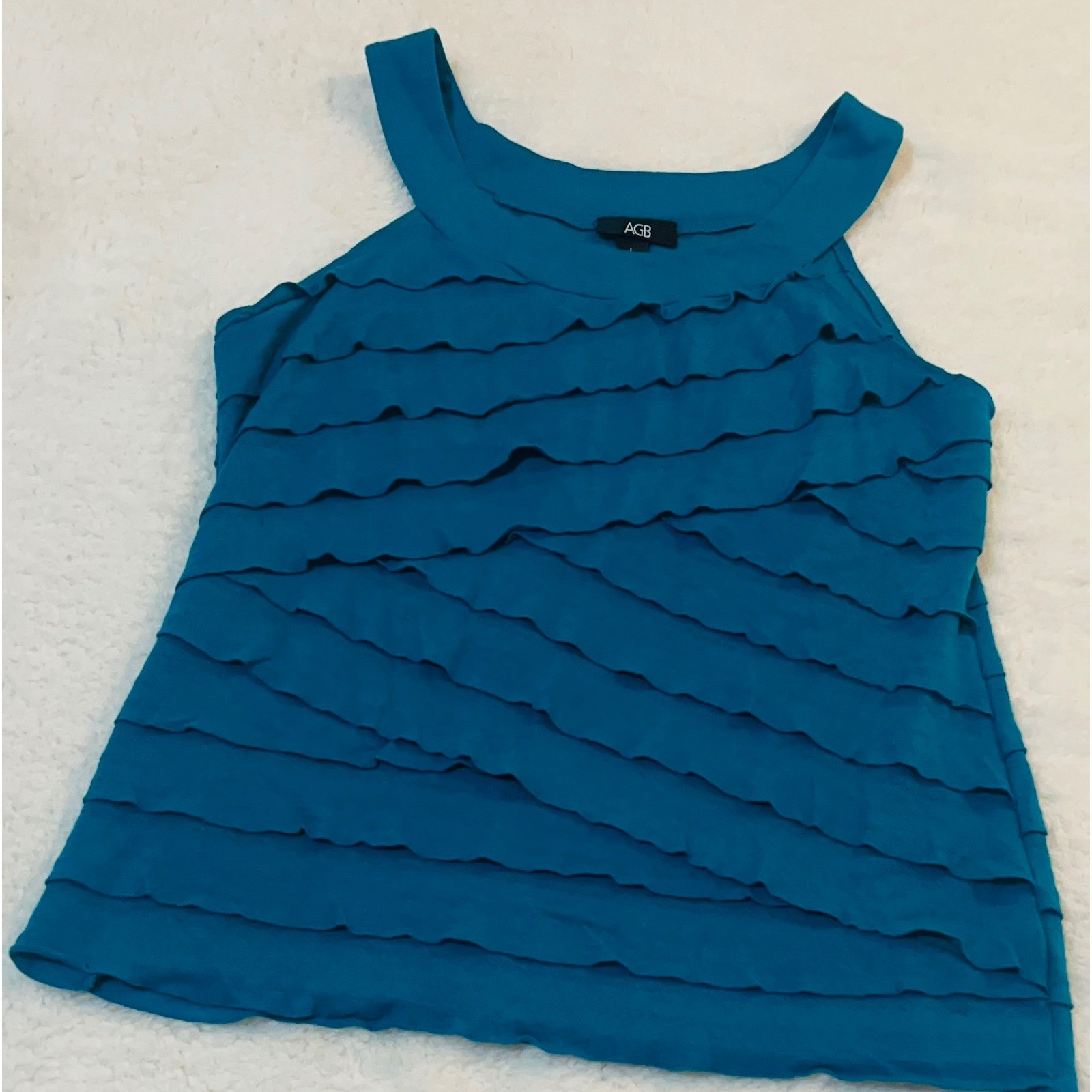 AGB Womens Teal Blue Ruffle Tiered Sleeveless Tank Top Size Large Scoop Neck