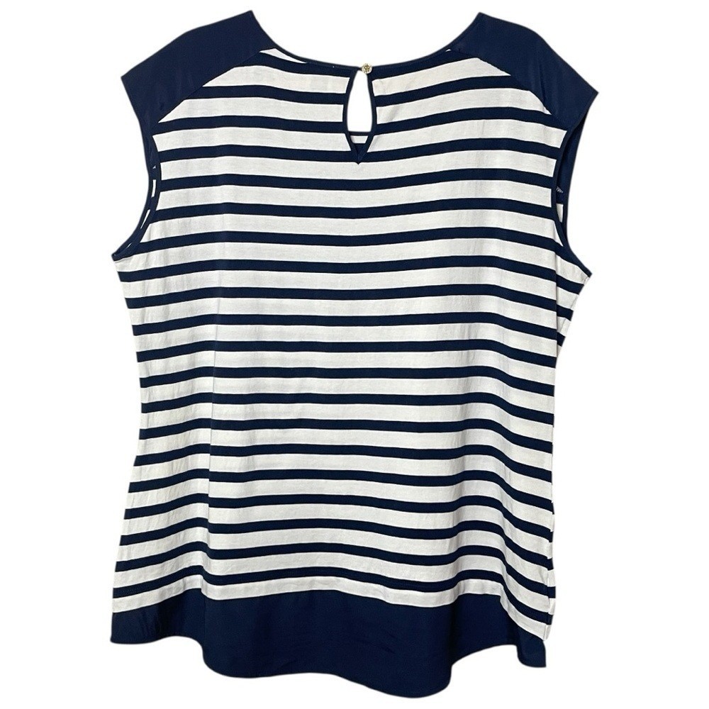 ANNE KLEIN NWOT White & Navy Sailor Striped Cap-Sleeve Top, Gold Logo Zipper, 1X
