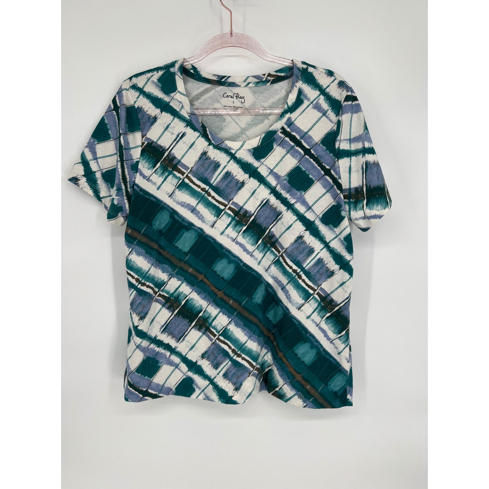 Coral Bay V-Neck T-Shirt Plaid Print Casual Short Sleeve Top Size L