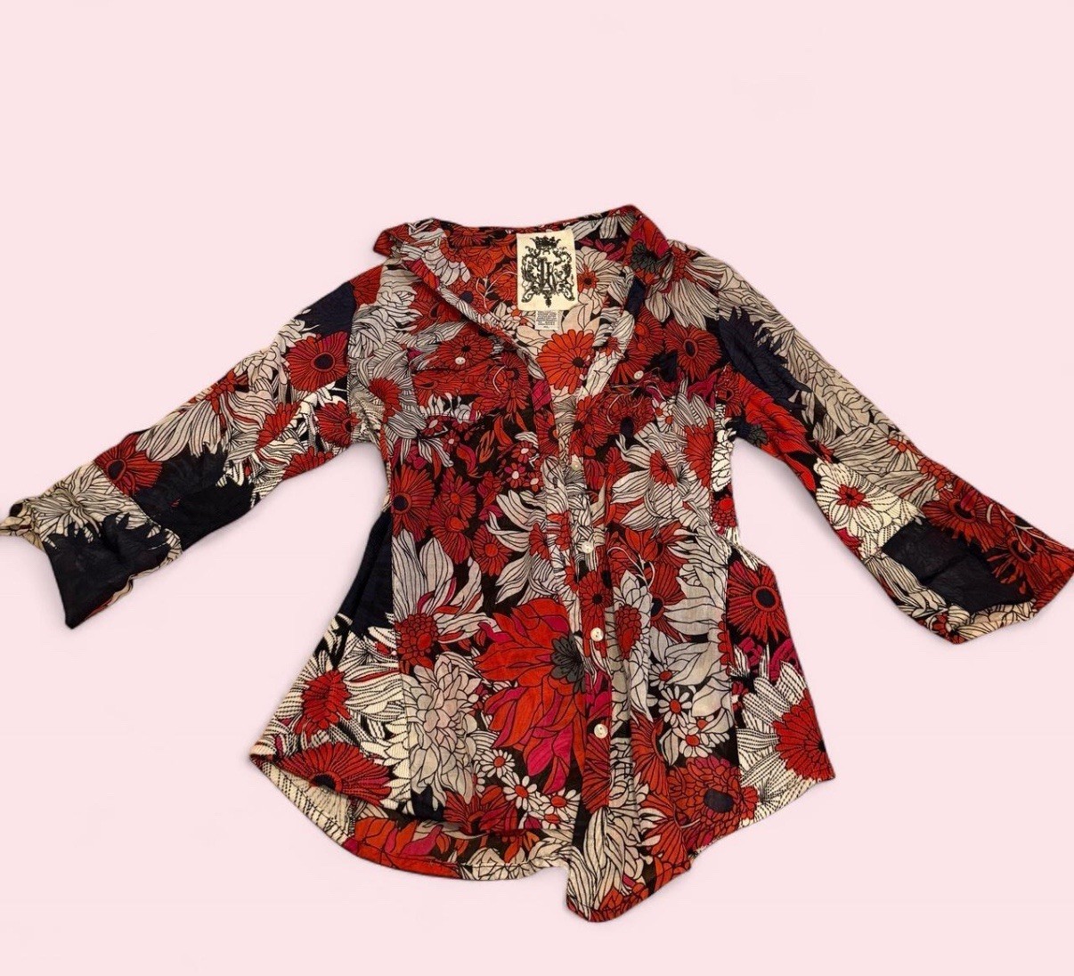 Vintage JAK brand red, black, and white floral button down long sleeve blouse