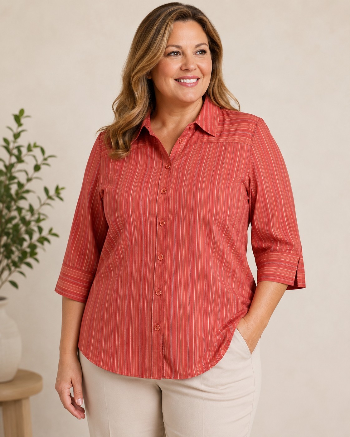 Stretton DCC Women’s 1X Coral Striped Button Front Shirt 3/4 Sleeve Stretch Top