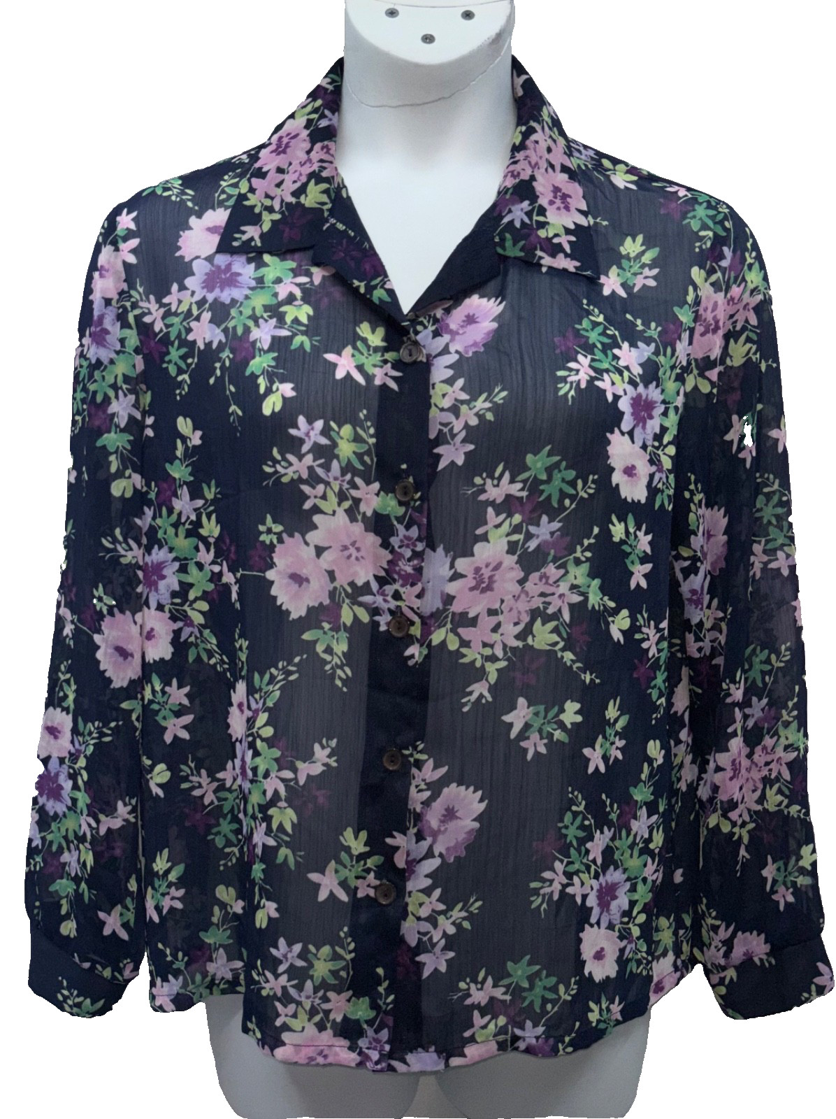 VTG Haband Women Size L Button Up Long Sleeve Semi Sheer Top Navy Floral Print