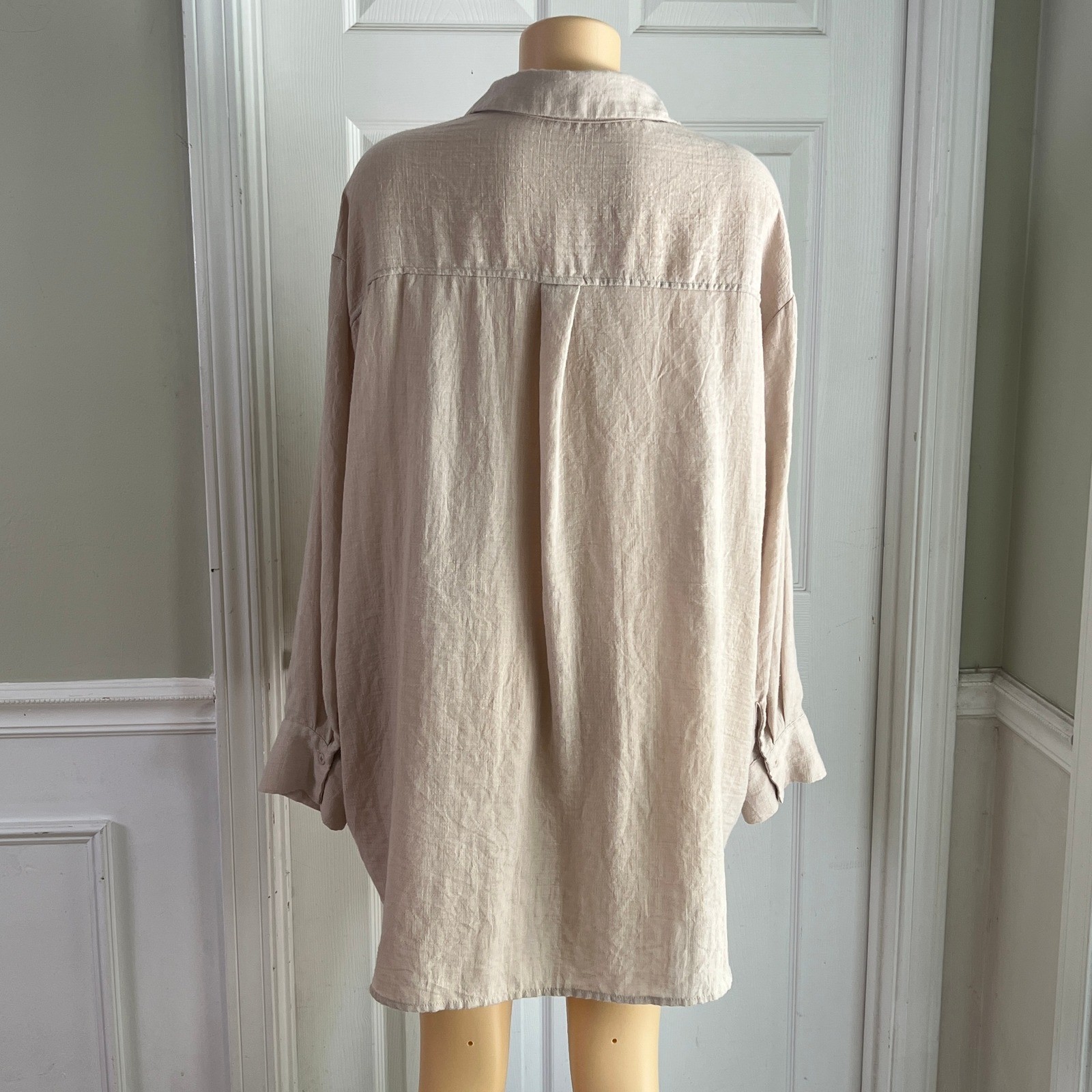 Oversized Button Down Shirt Sz L Women Beige Textured Cotton Tunic Coastal