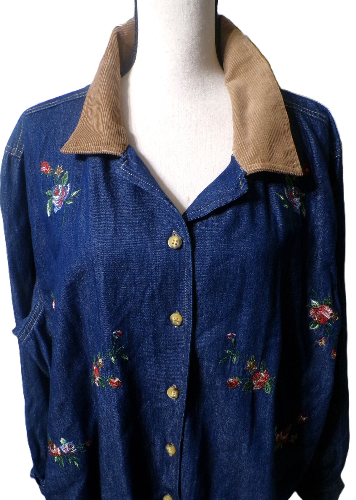 Denim Women’s 3X Shirt Denim Jean Embroidered Flowers Corduroy Collar Vtg Y2k
