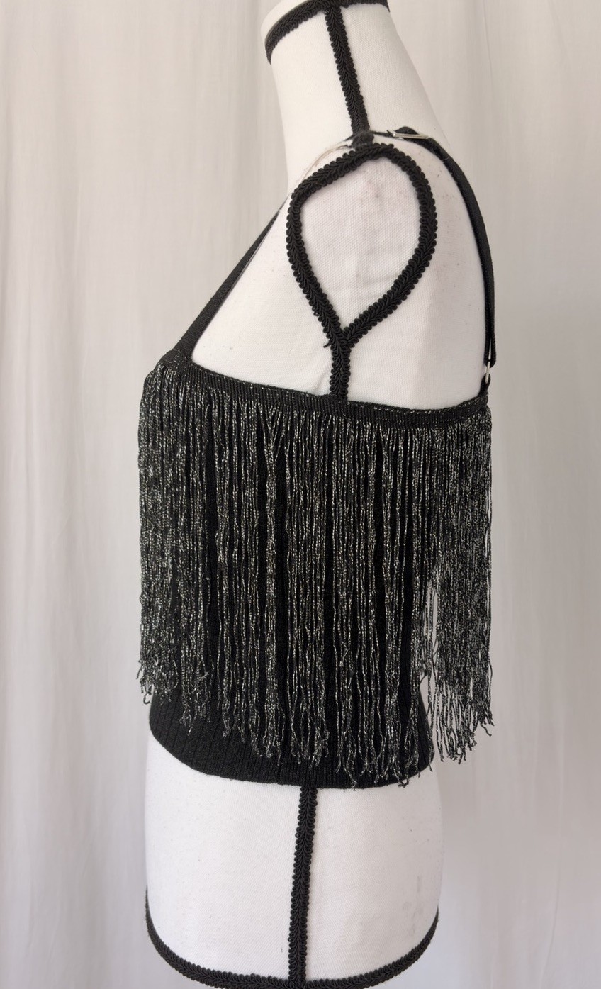 Fab’rik Black Silver Metallic Fringed Crop Ribbed Square Neck Tank Top Sz Medium