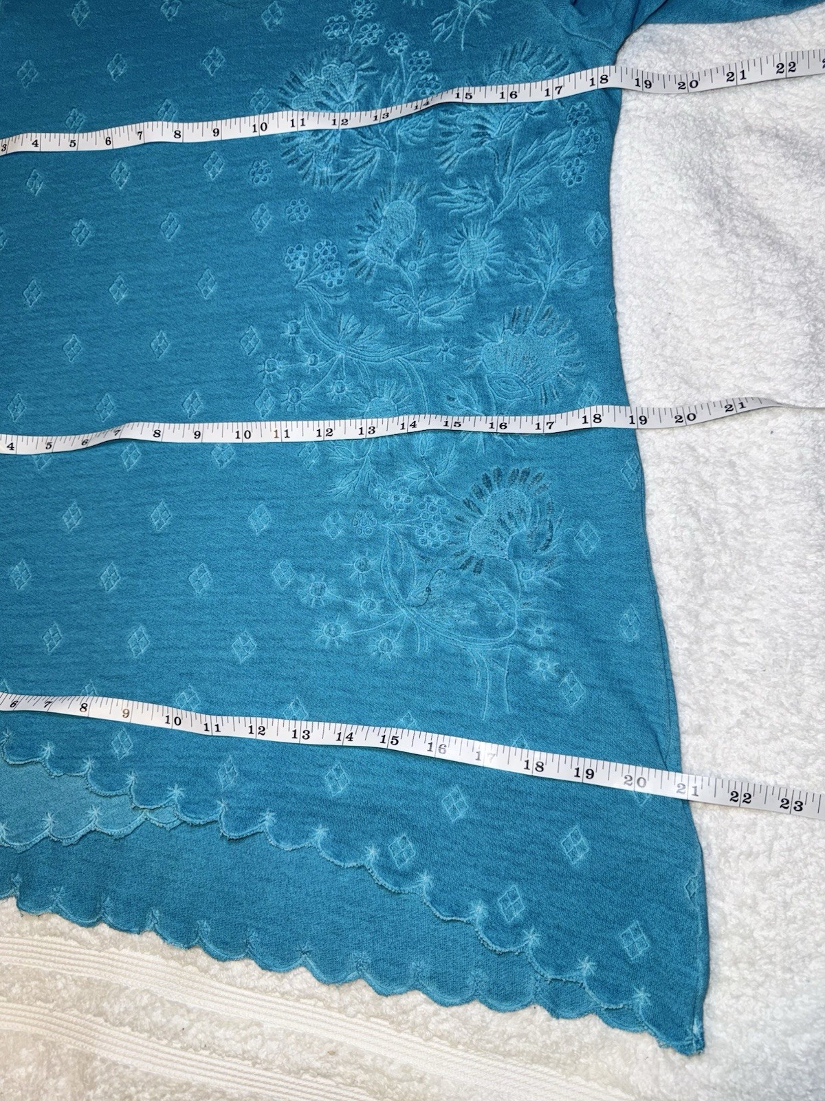 Soft Surroundings SMALL Blouse Robin Egg Blue Floral Embossed Assymetric Hem