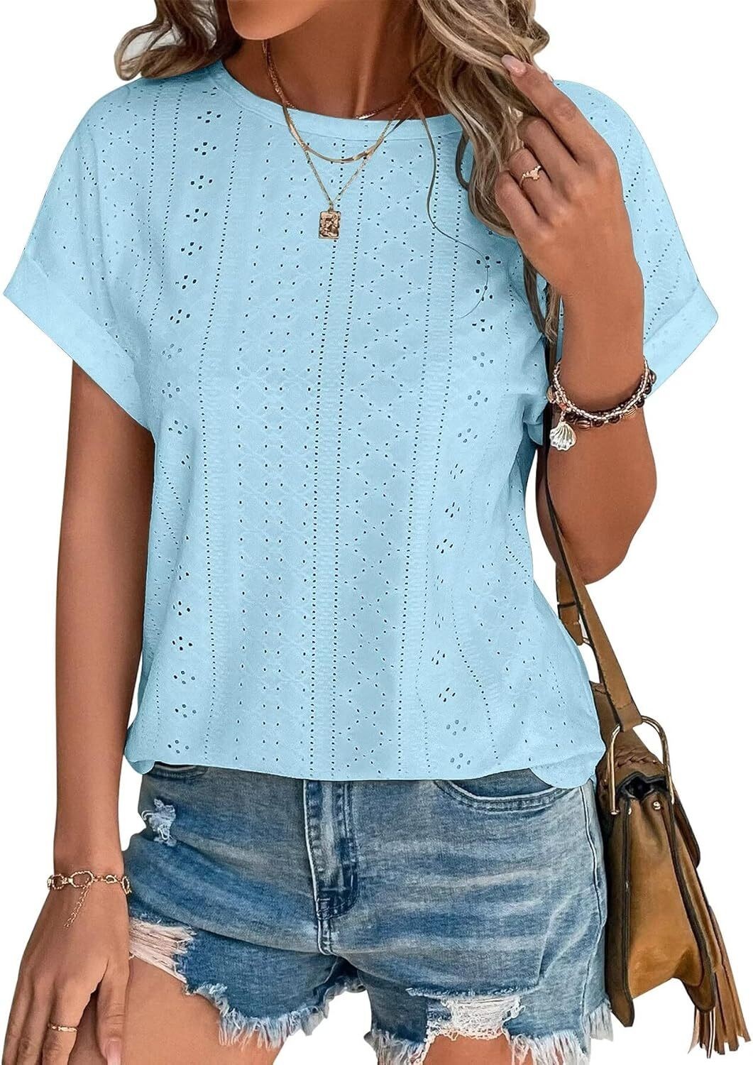 Womens Eyelet Embroidery Top Short Sleeve Curved Hem Loose Fit Summer T Shirt