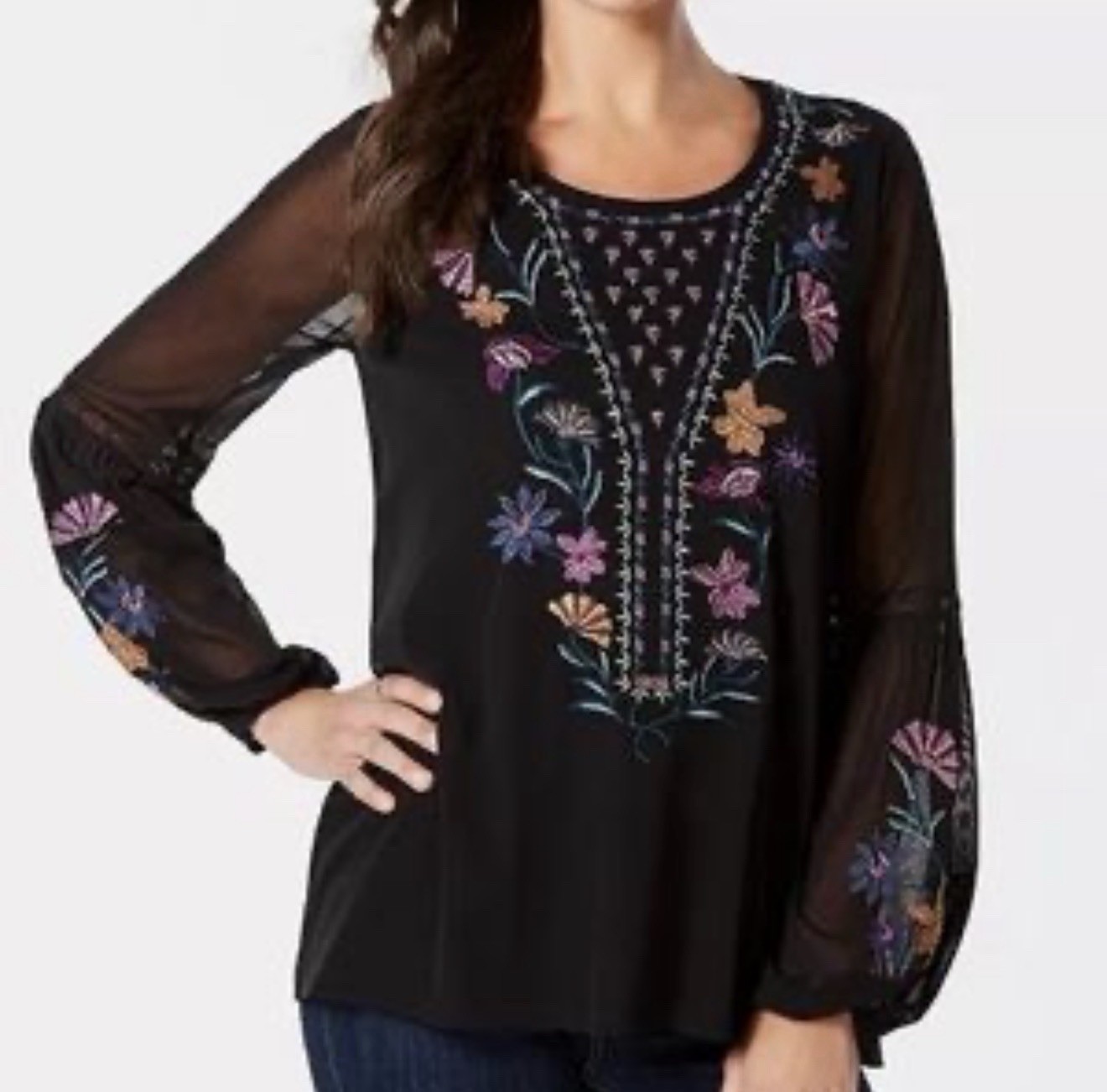 Style & Co Embroidered Top S Popover Black Boho Black Party Floral Popover Shirt