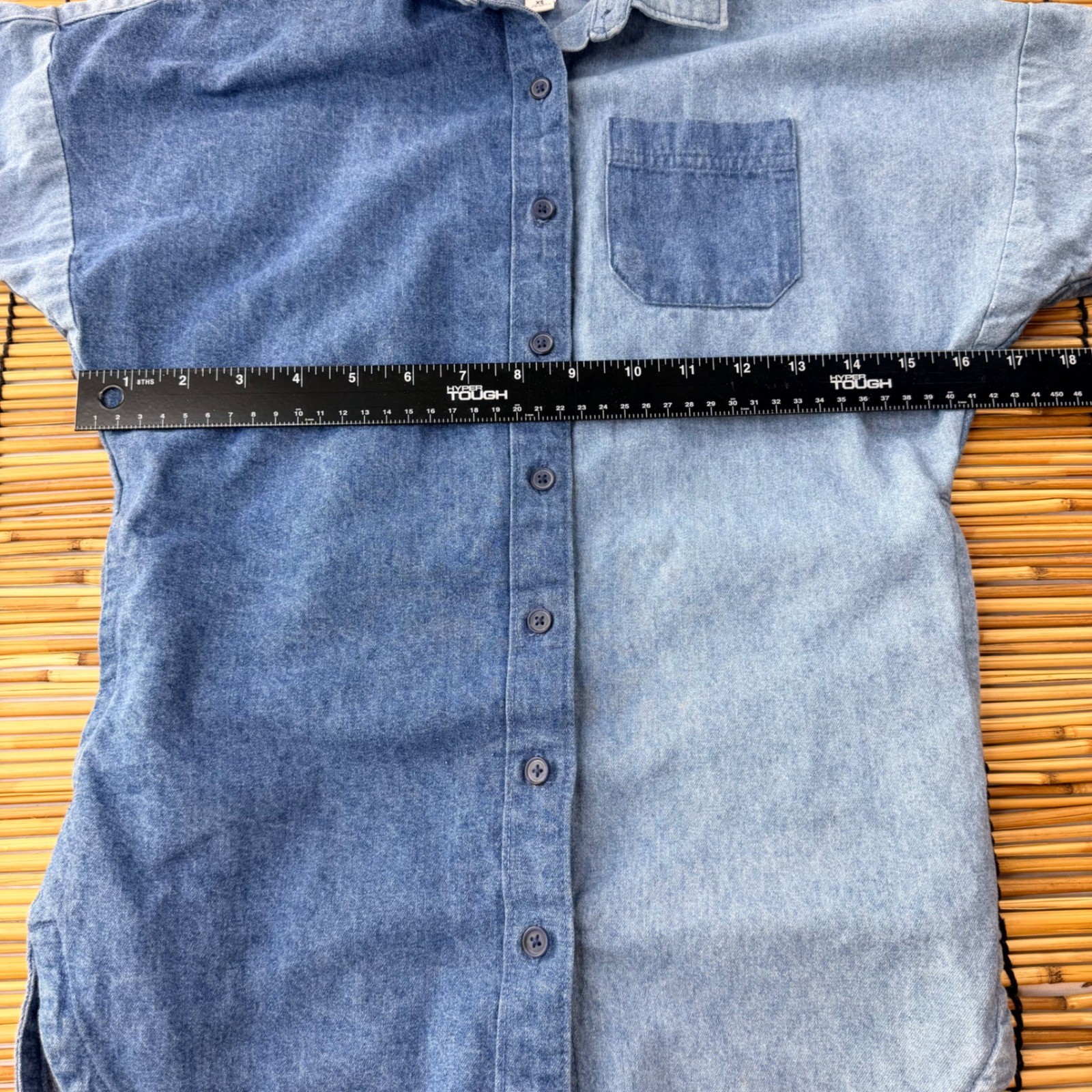 Free Assembly Two Tone Colorblock Denim Top XS Blue Short Sleeve Button Down