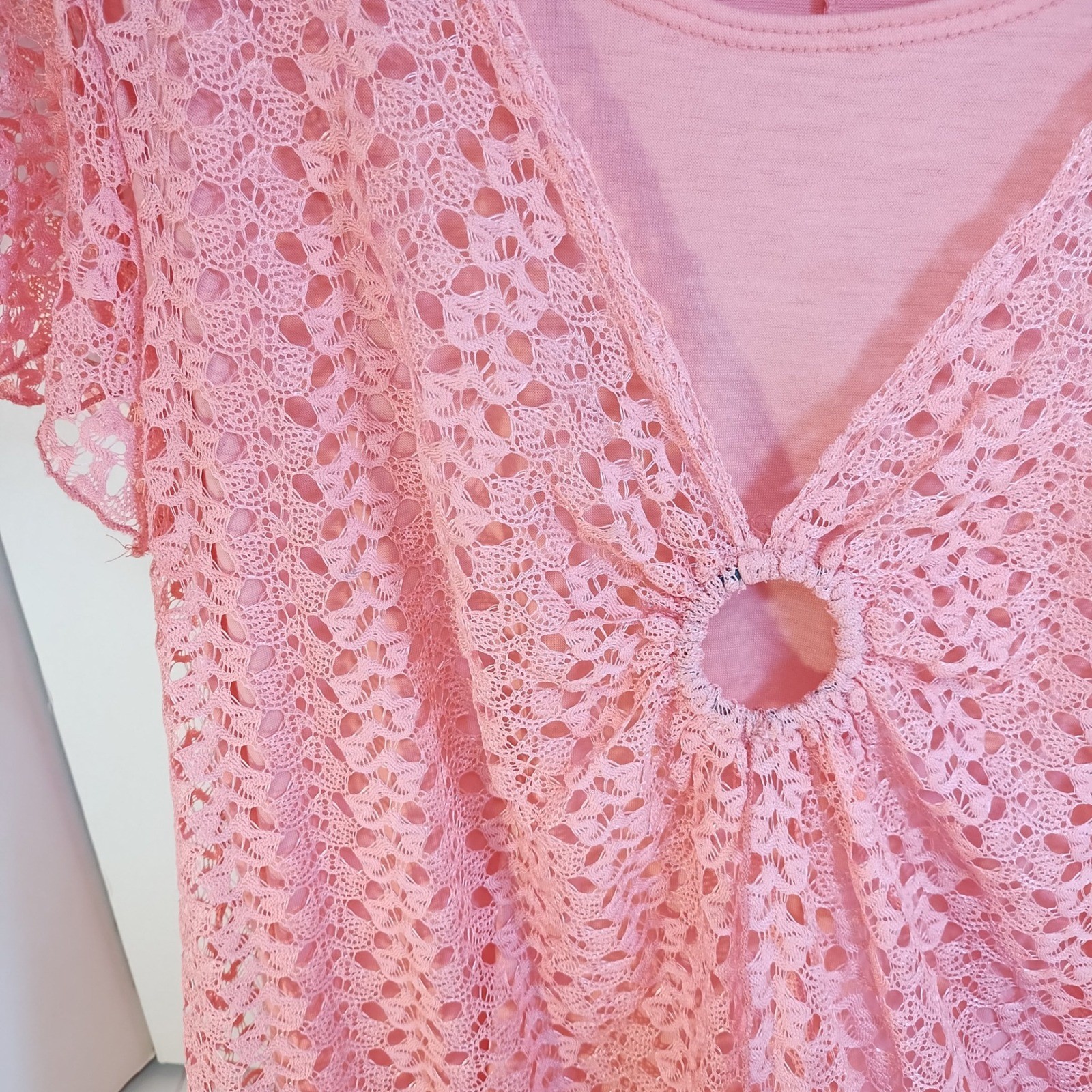 VTG Cal Style USA Pink Lace O-Ring Short Sleeve Top LG Crochet Romantic BOHO