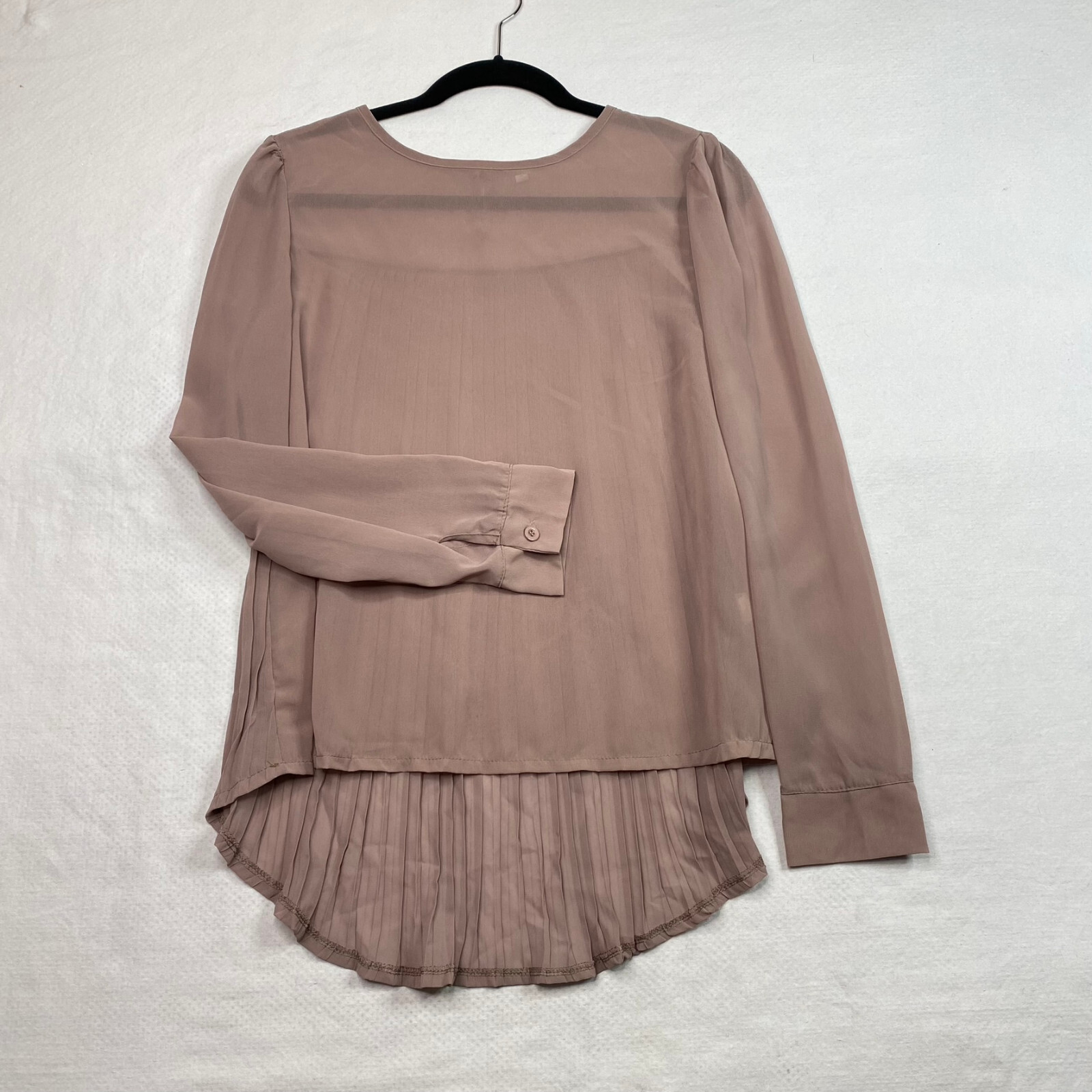 Womens Top sz S Tan Long Sleeve Pleated Back Crew Neck Sheer Old Money